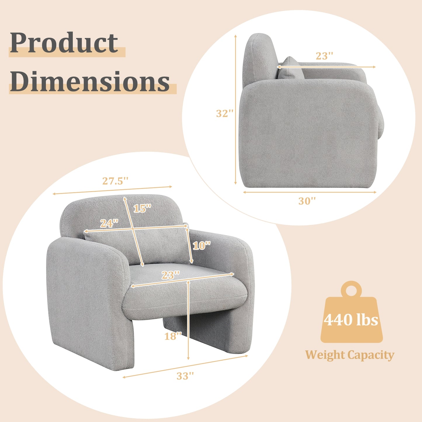 Cozy Boucle Accent Chair with Supportive Pillow and Curved Armrests in Grey