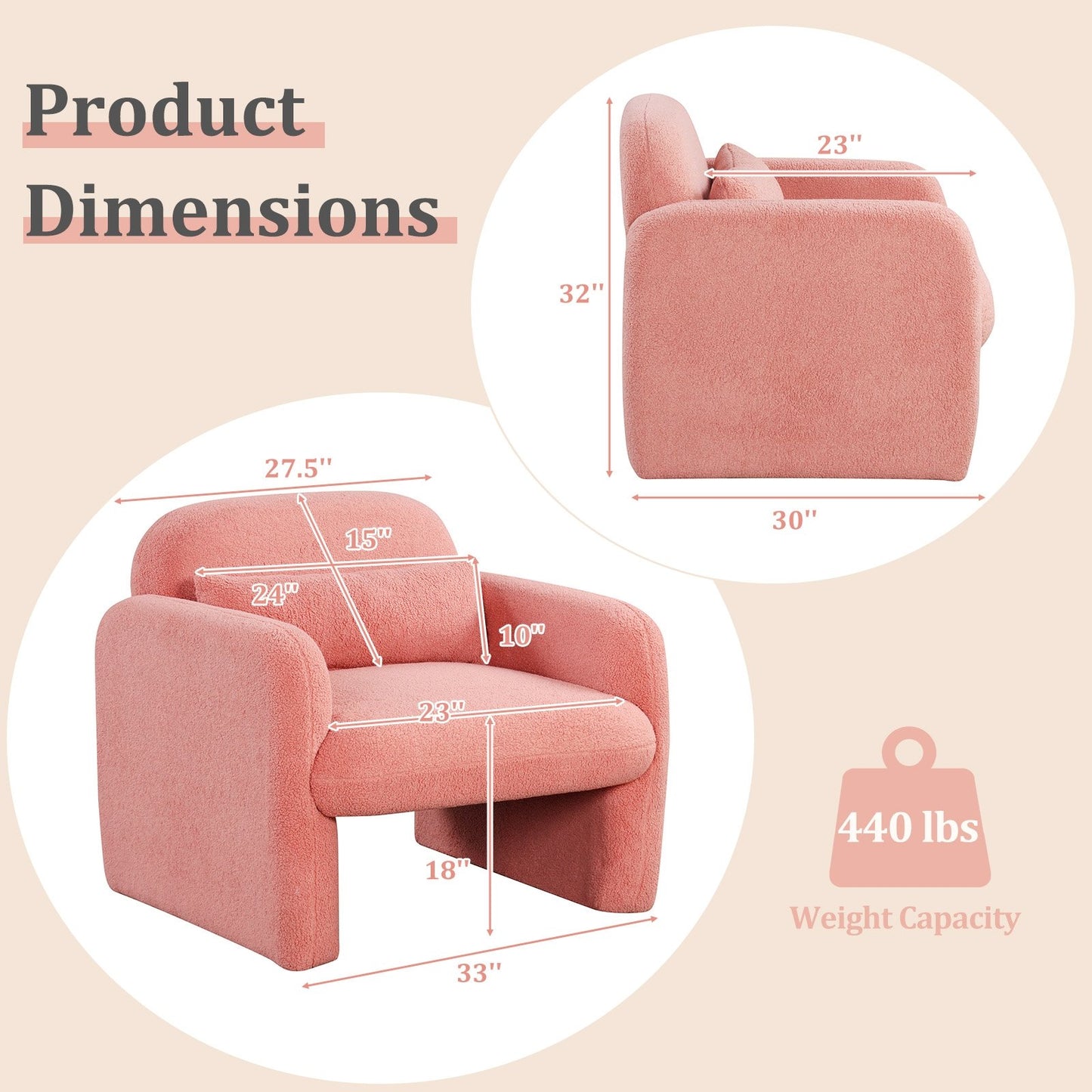 Cozy Boucle Accent Chair with Supportive Pillow and Curved Armrests in Pink