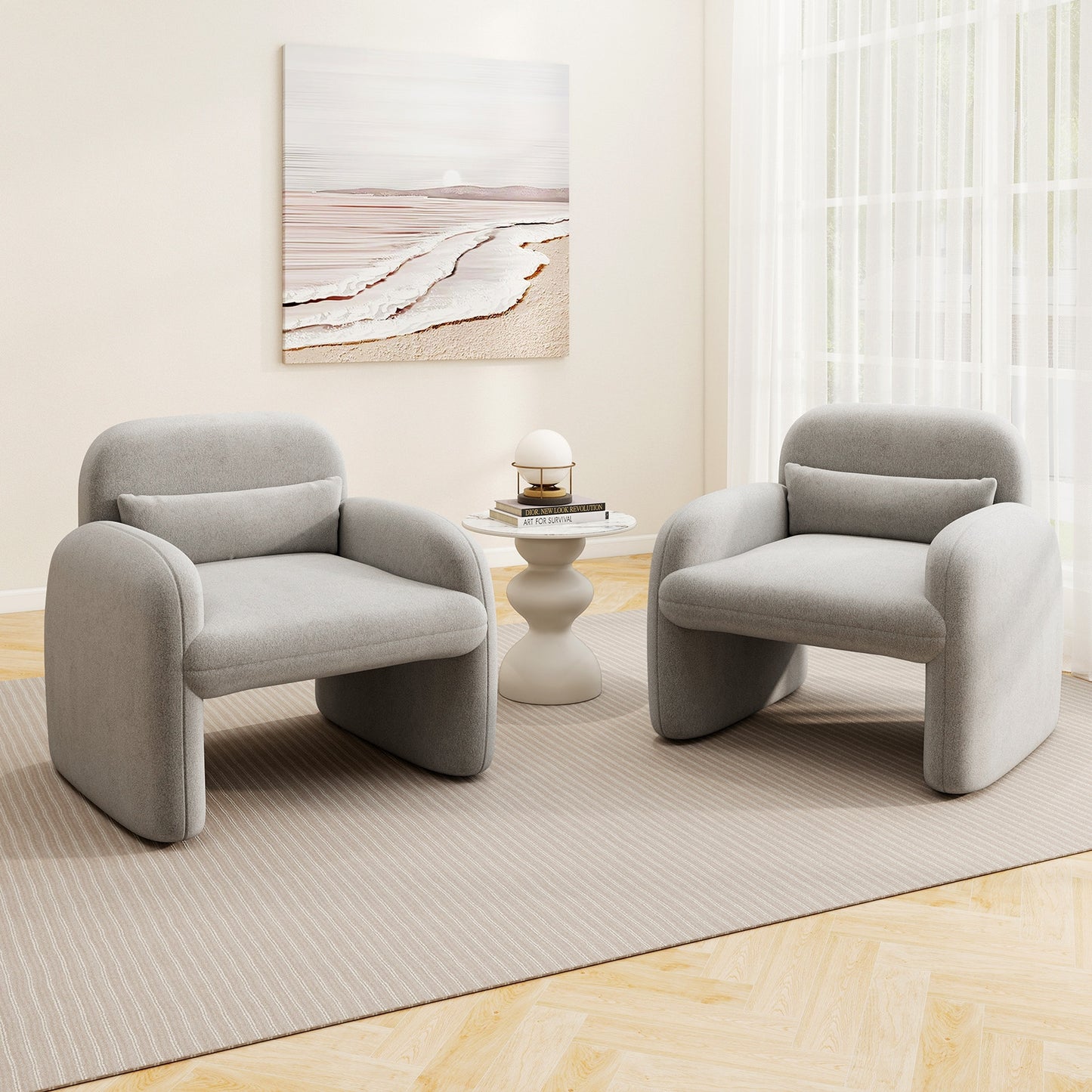 Cozy Boucle Accent Chair with Supportive Pillow and Curved Armrests in Grey