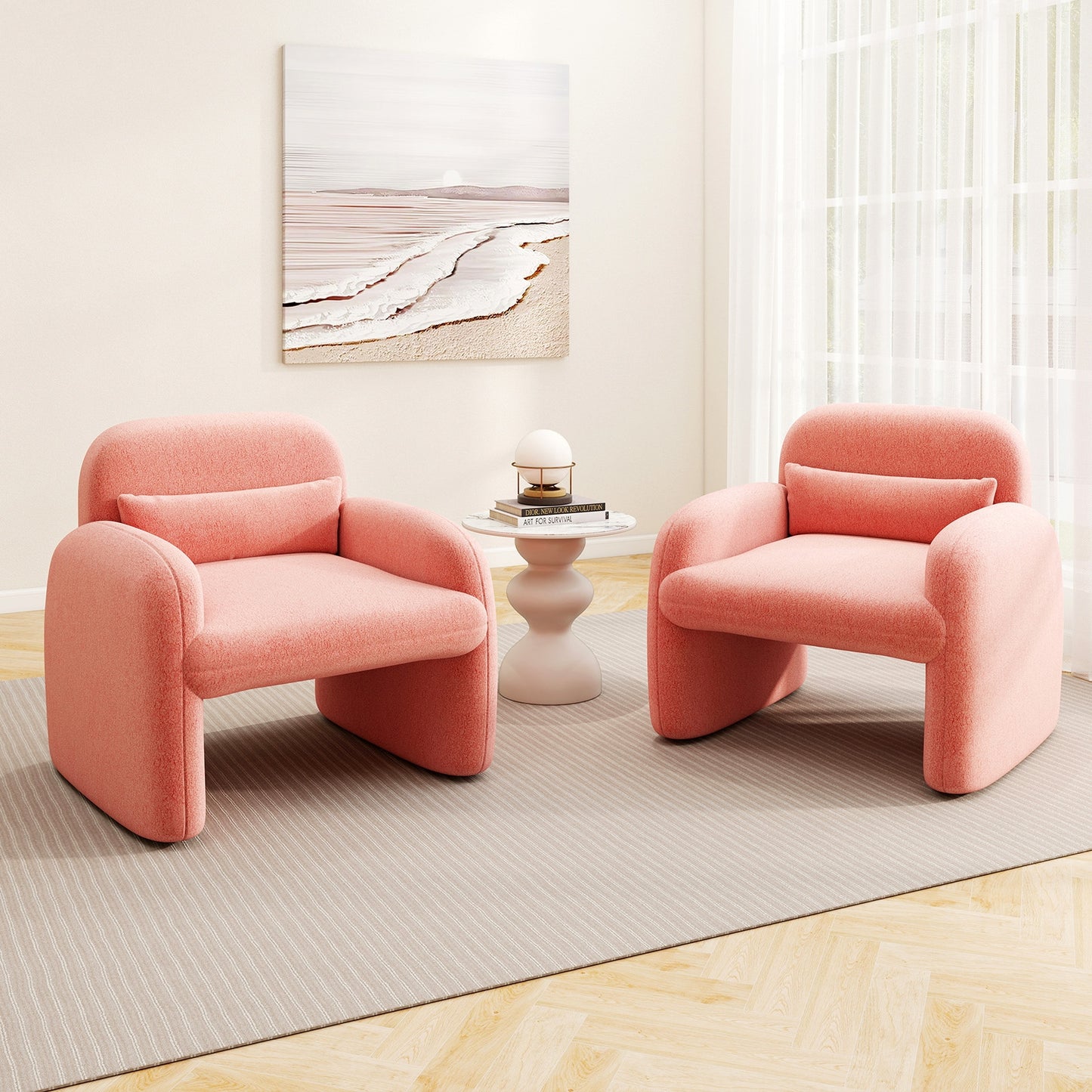 Cozy Boucle Accent Chair with Supportive Pillow and Curved Armrests in Pink