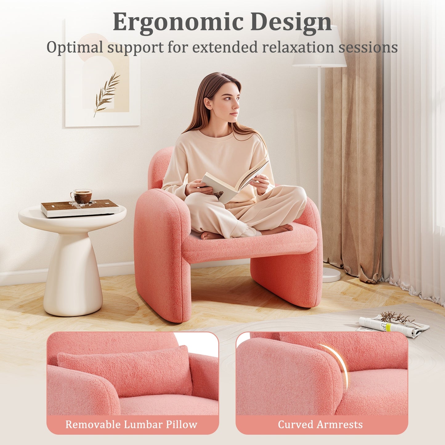 Cozy Boucle Accent Chair with Supportive Pillow and Curved Armrests in Pink