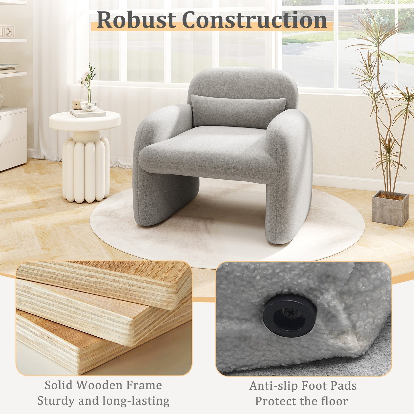 Cozy Boucle Accent Chair with Supportive Pillow and Curved Armrests in Grey