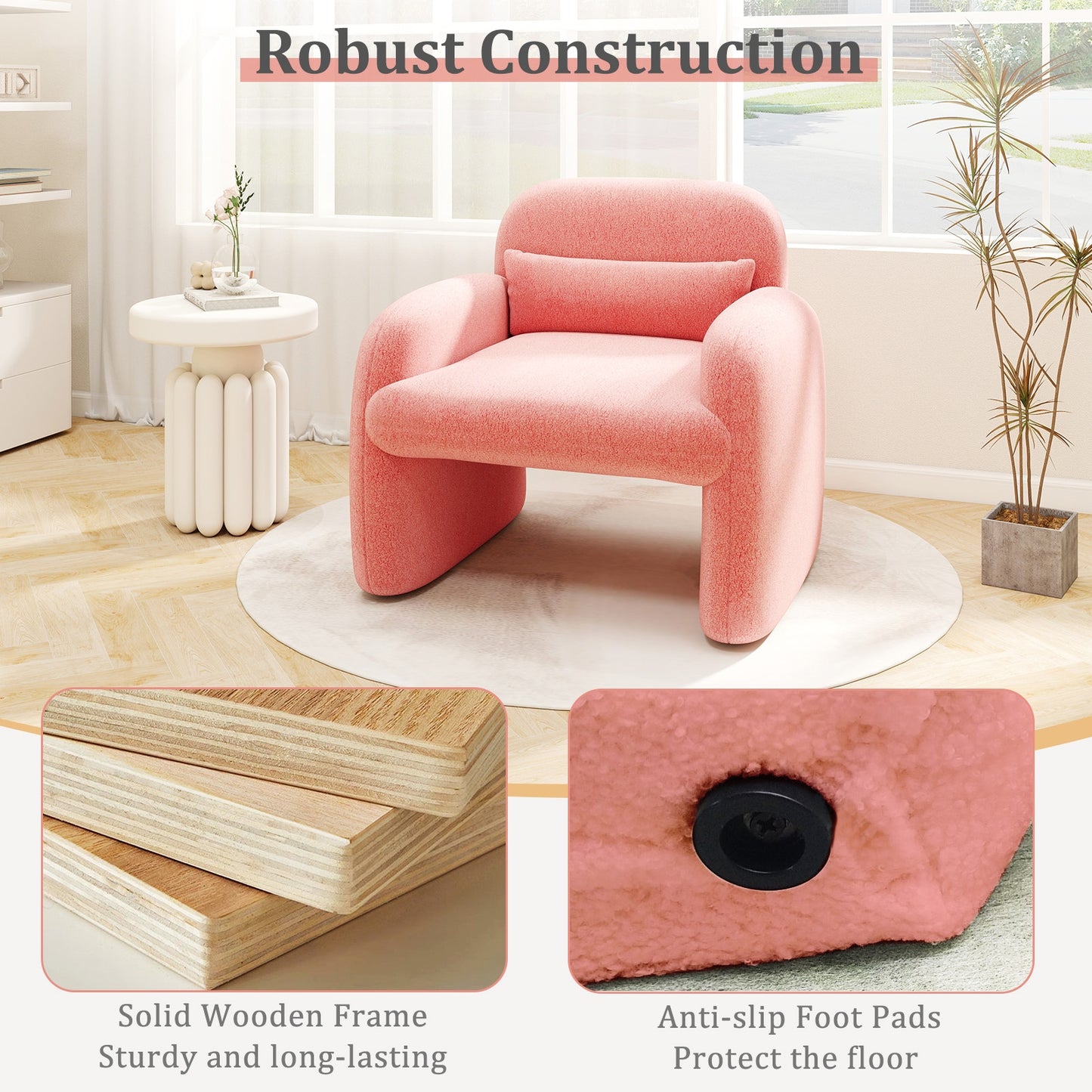 Cozy Boucle Accent Chair with Supportive Pillow and Curved Armrests in Pink