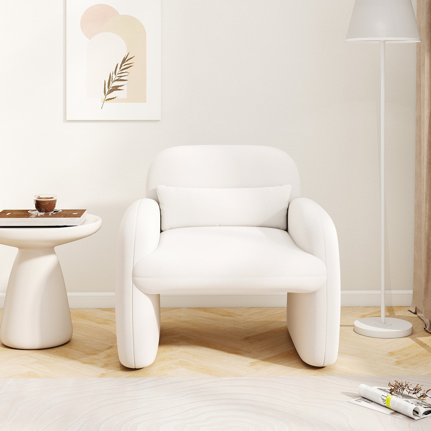 Cozy Boucle Accent Chair with Supportive Pillow and Curved Armrests in Beige