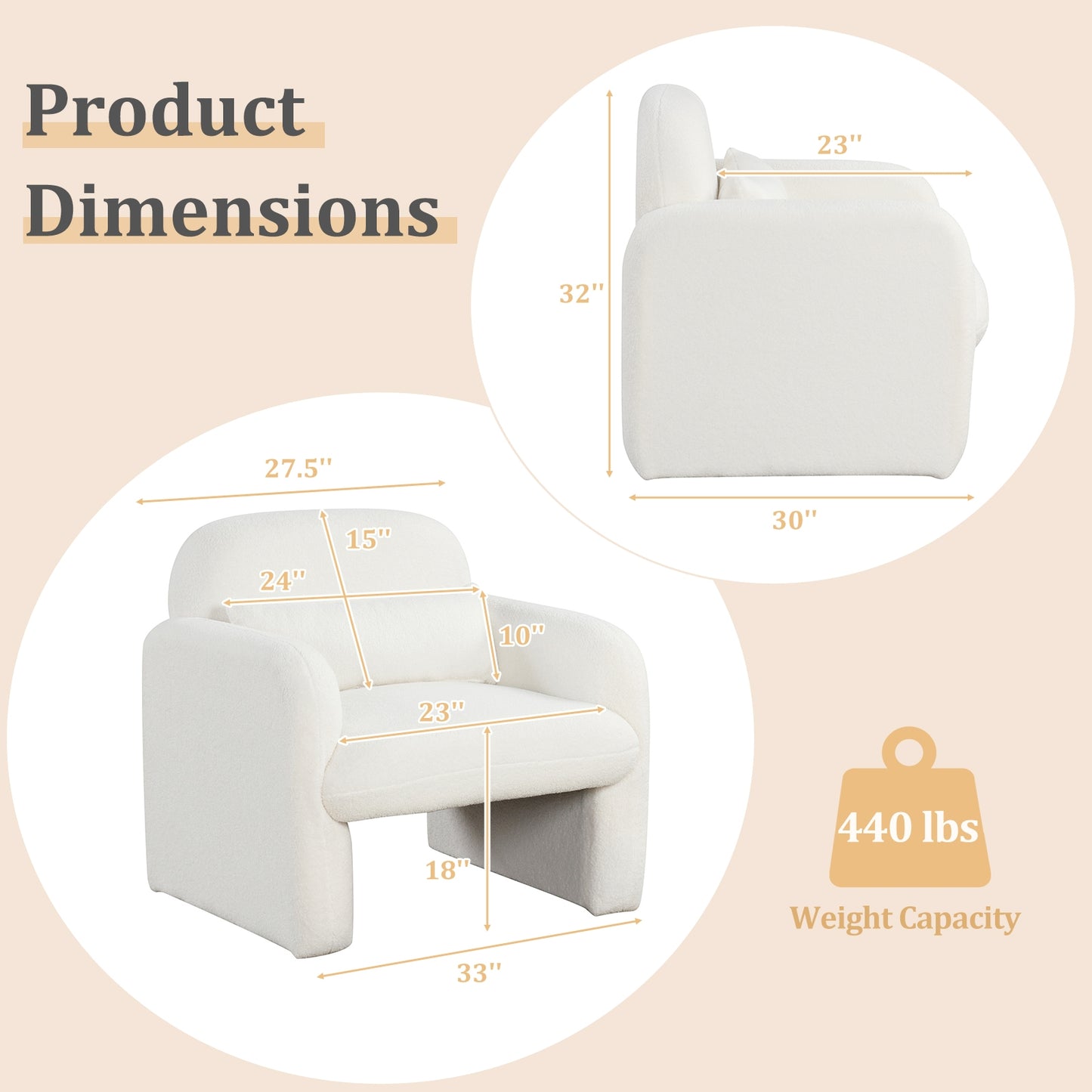 Cozy Boucle Accent Chair with Supportive Pillow and Curved Armrests in Beige