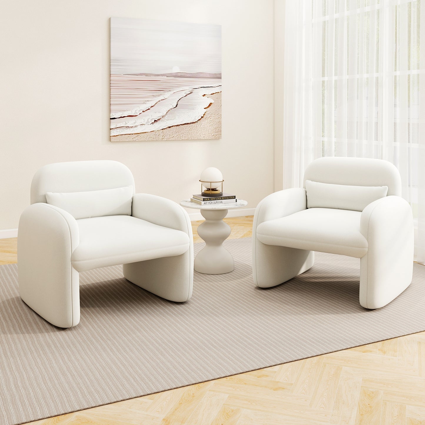 Cozy Boucle Accent Chair with Supportive Pillow and Curved Armrests in Beige