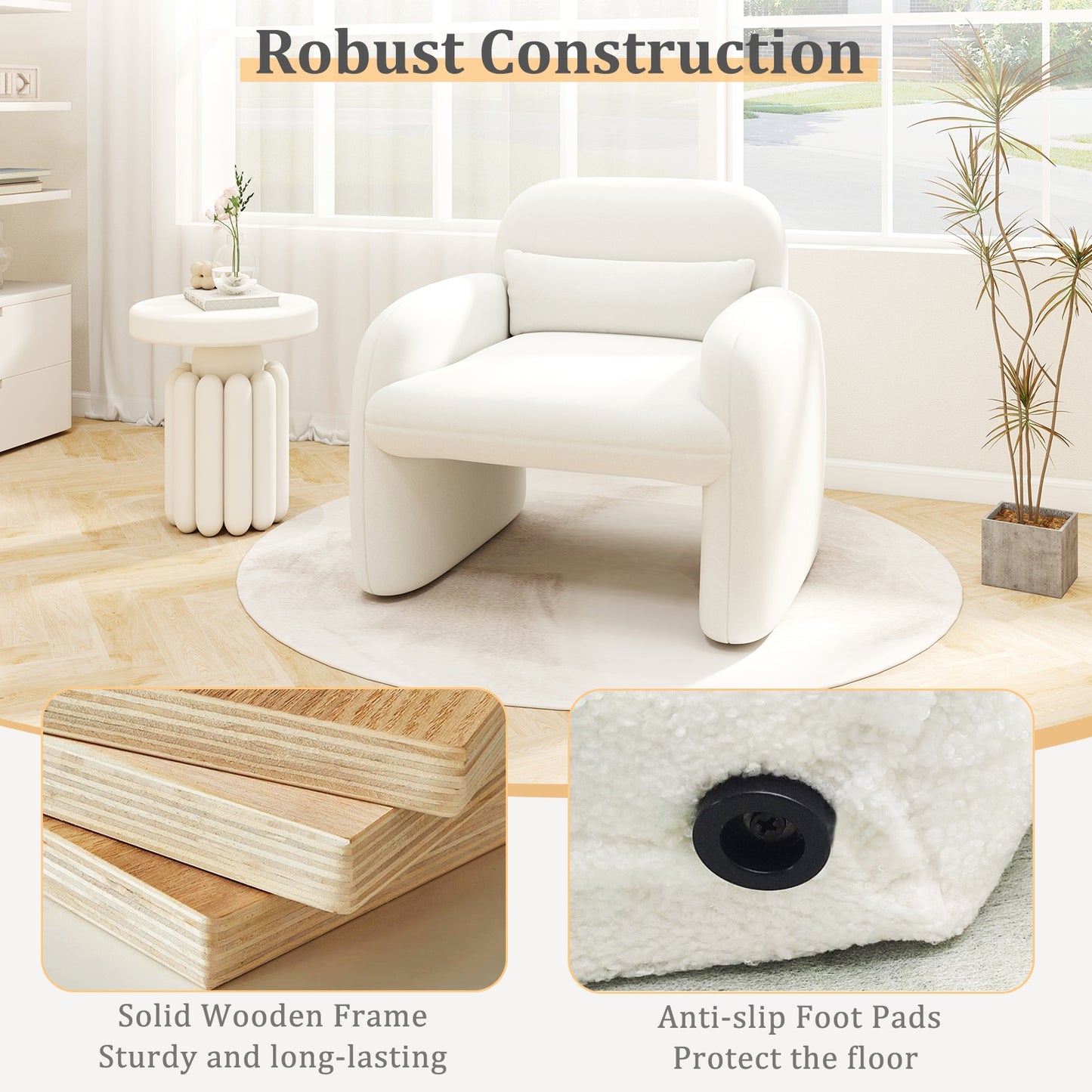 Cozy Boucle Accent Chair with Supportive Pillow and Curved Armrests in Beige