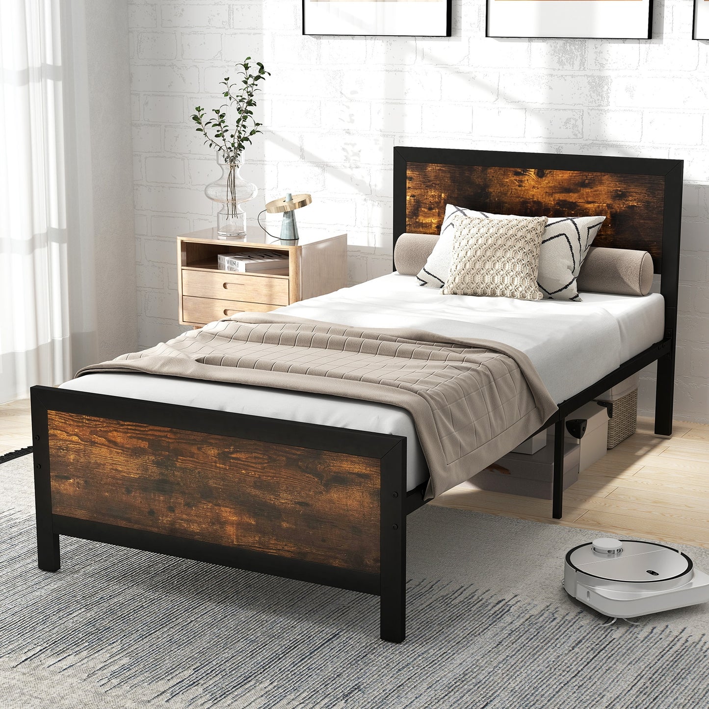 Farmhouse Style Metal Bed Frame with Wooden Touches and Silent Support, Twin Size