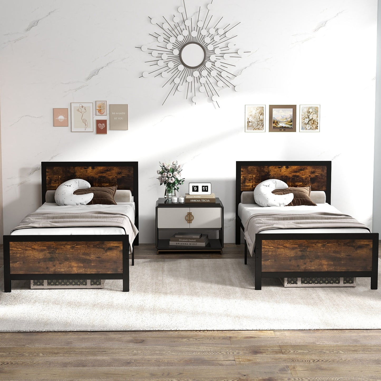 Farmhouse Style Metal Bed Frame with Wooden Touches and Silent Support, Twin Size