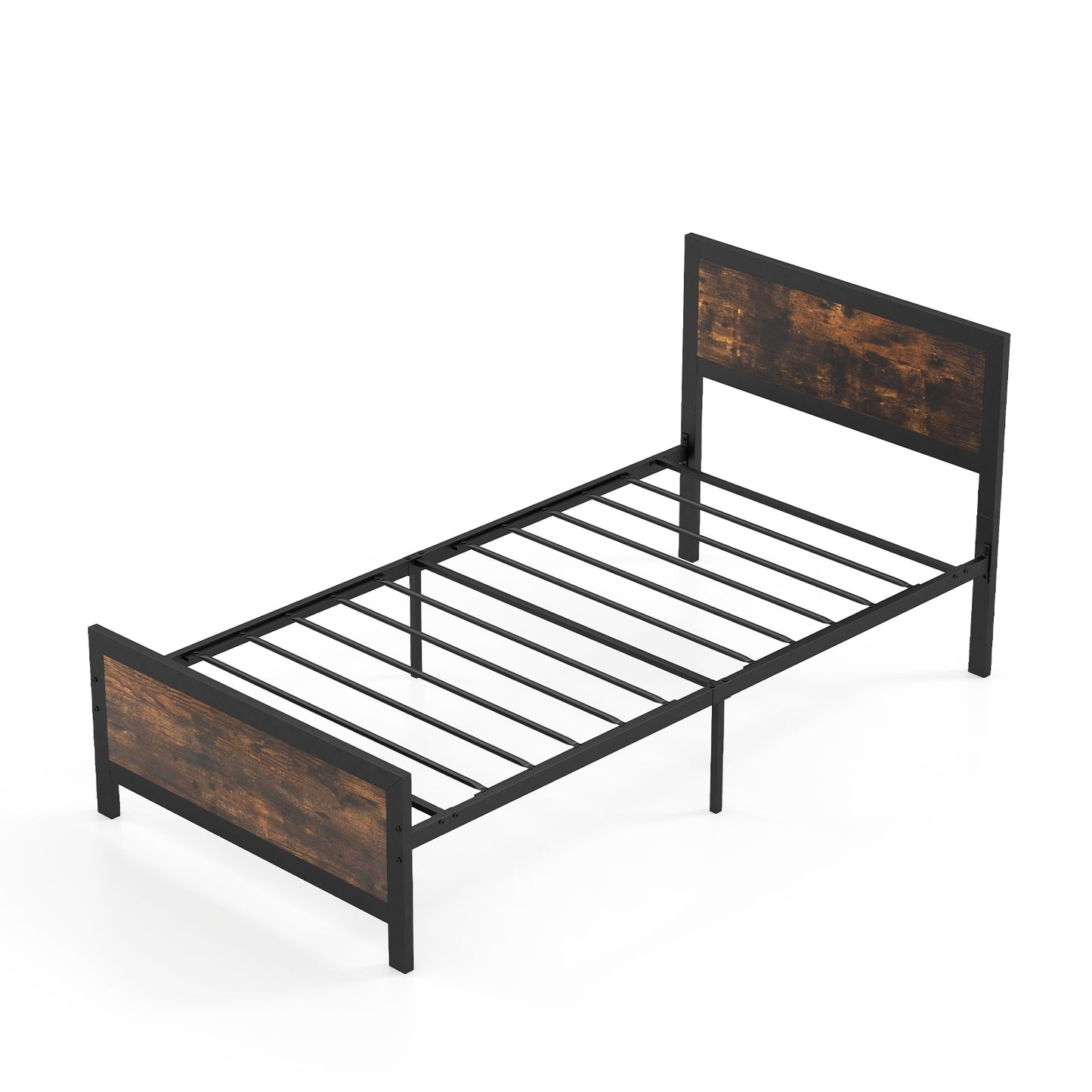 Farmhouse Style Metal Bed Frame with Wooden Touches and Silent Support, Twin Size