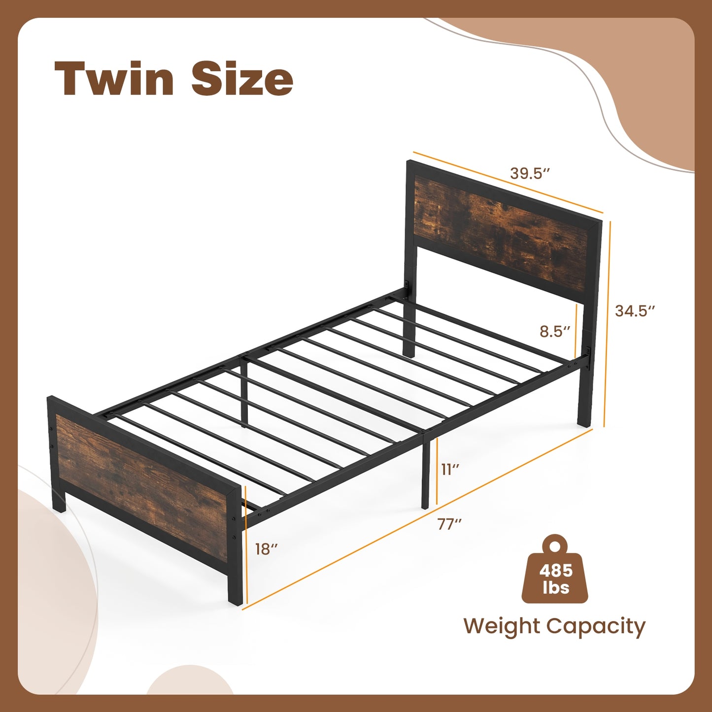 Farmhouse Style Metal Bed Frame with Wooden Touches and Silent Support, Twin Size