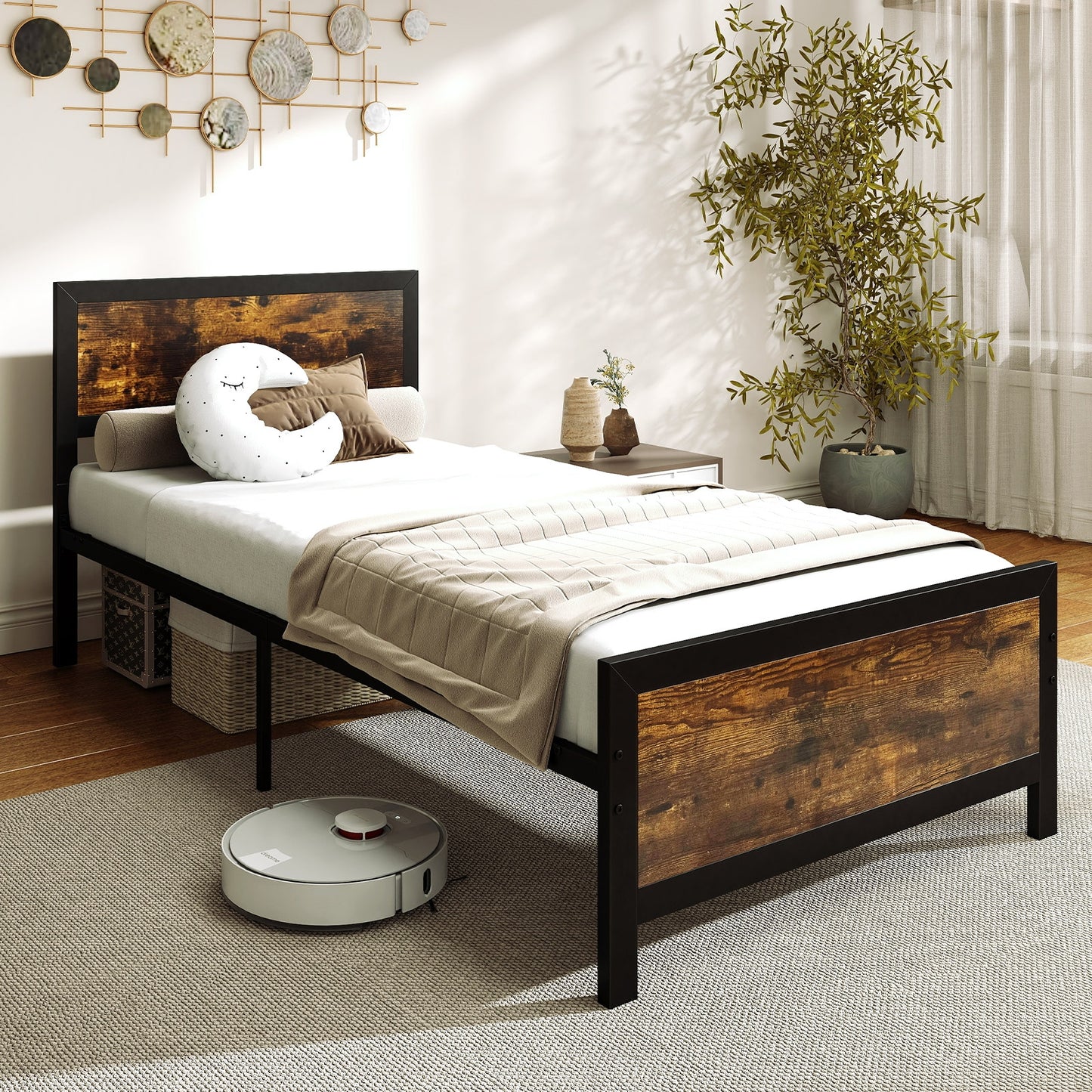 Farmhouse Style Metal Bed Frame with Wooden Touches and Silent Support, Twin Size