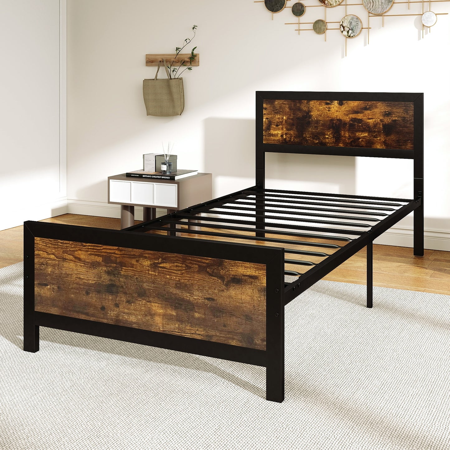 Farmhouse Style Metal Bed Frame with Wooden Touches and Silent Support, Twin Size