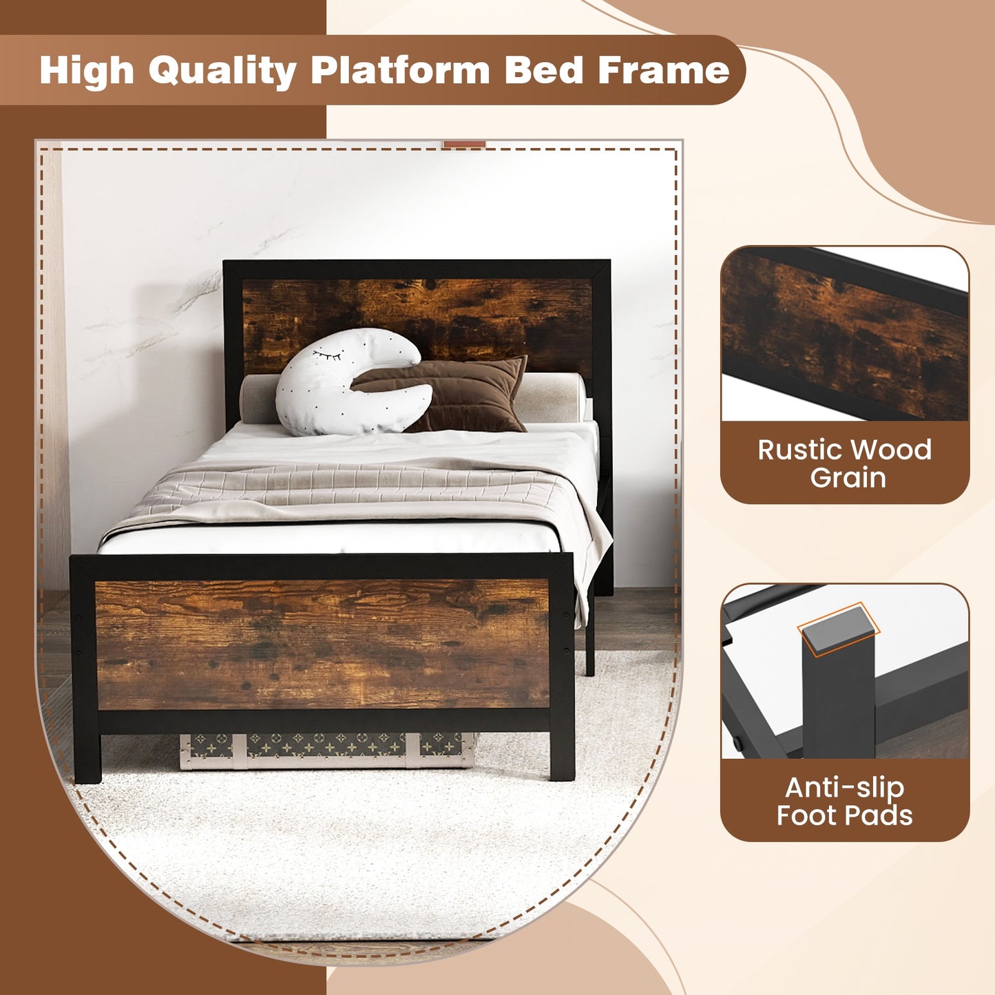 Farmhouse Style Metal Bed Frame with Wooden Touches and Silent Support, Twin Size