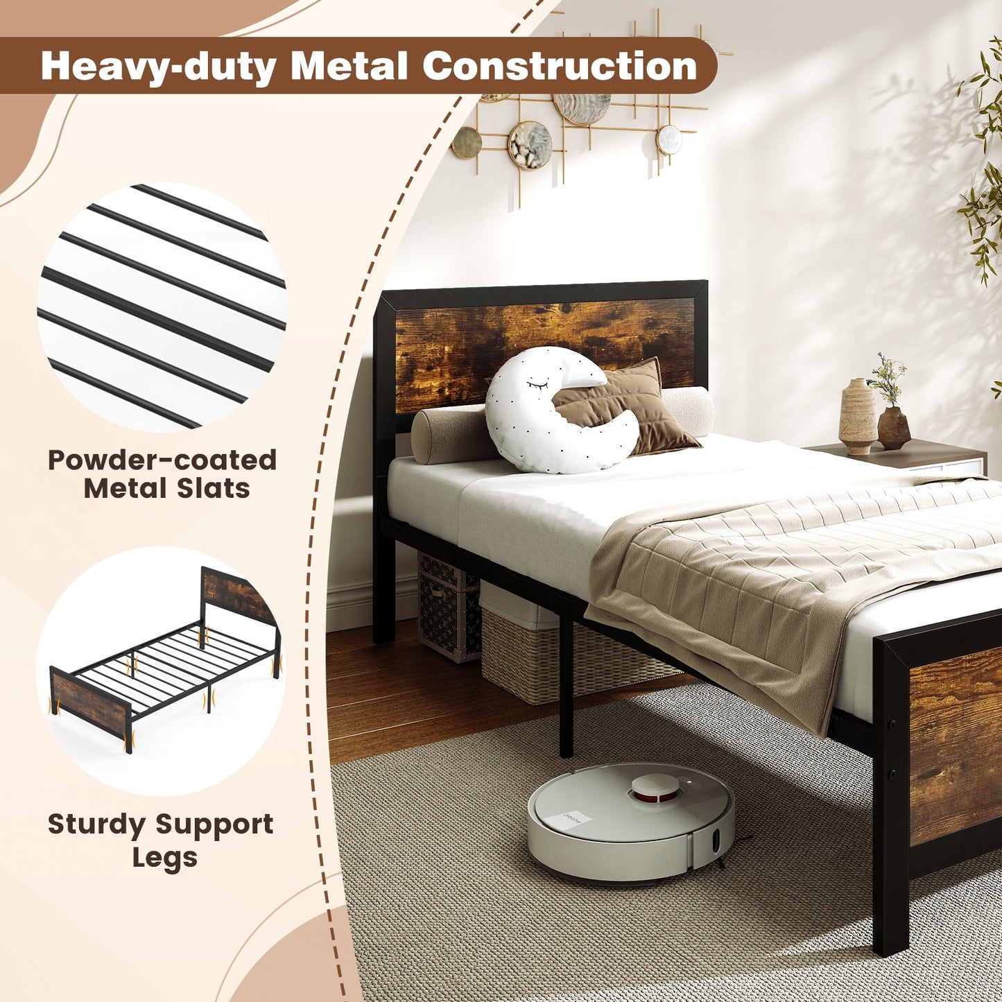 Farmhouse Style Metal Bed Frame with Wooden Touches and Silent Support, Twin Size