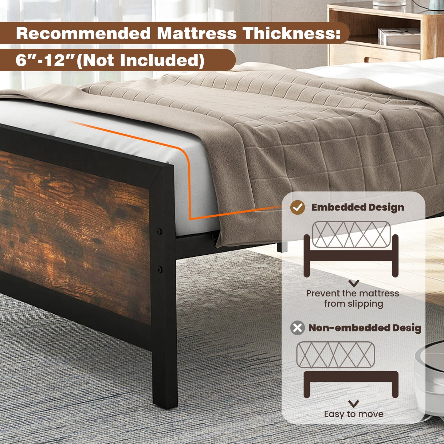 Farmhouse Style Metal Bed Frame with Wooden Touches and Silent Support, Twin Size