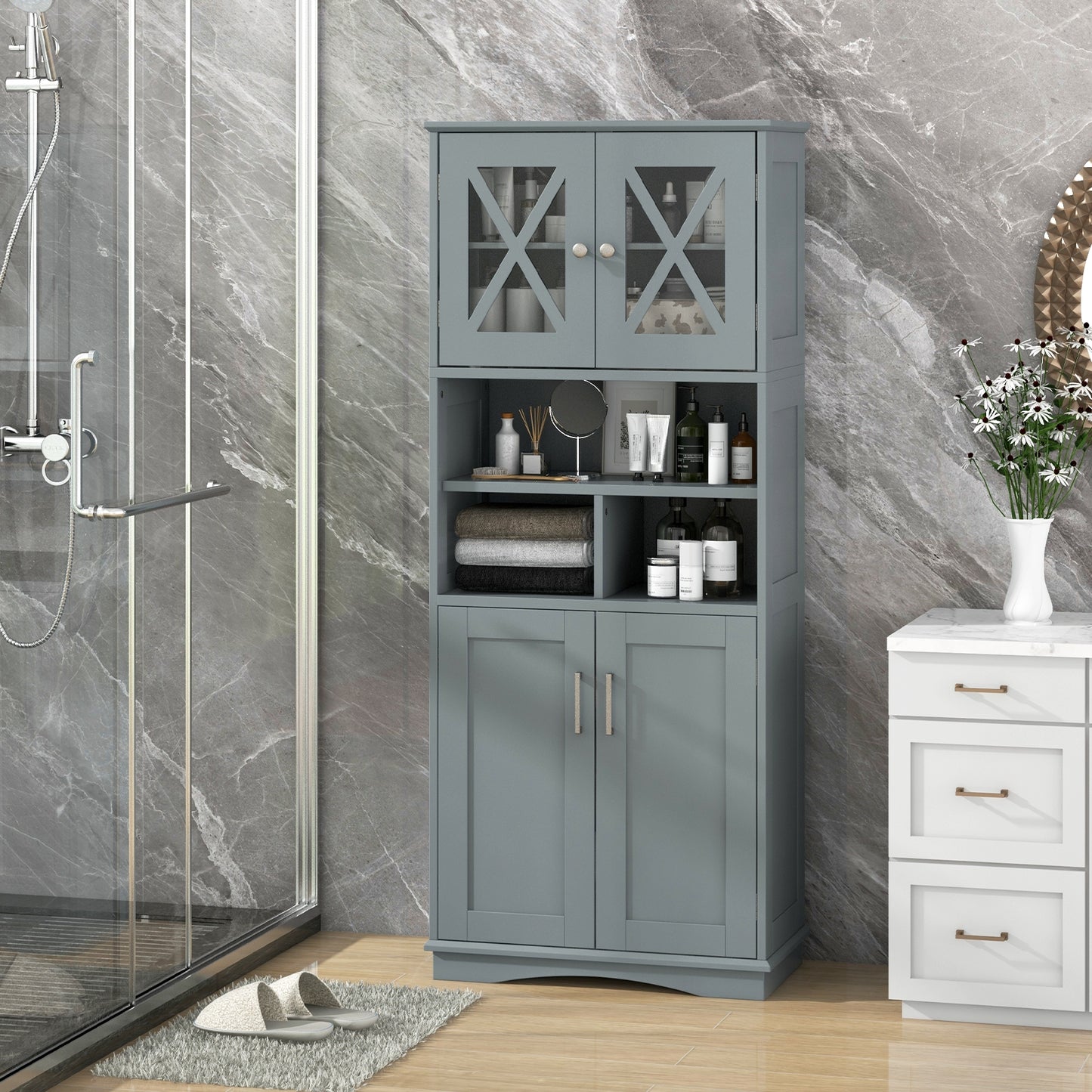 57 Inch Tall Storage Cabinet with Acrylic Doors, Adjustable Shelves, and Cabinets