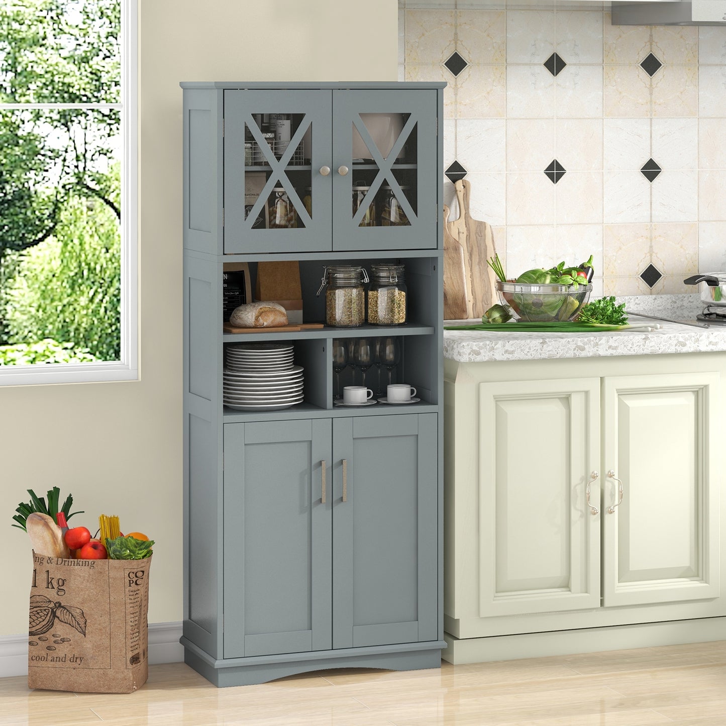 57 Inch Tall Storage Cabinet with Acrylic Doors, Adjustable Shelves, and Cabinets