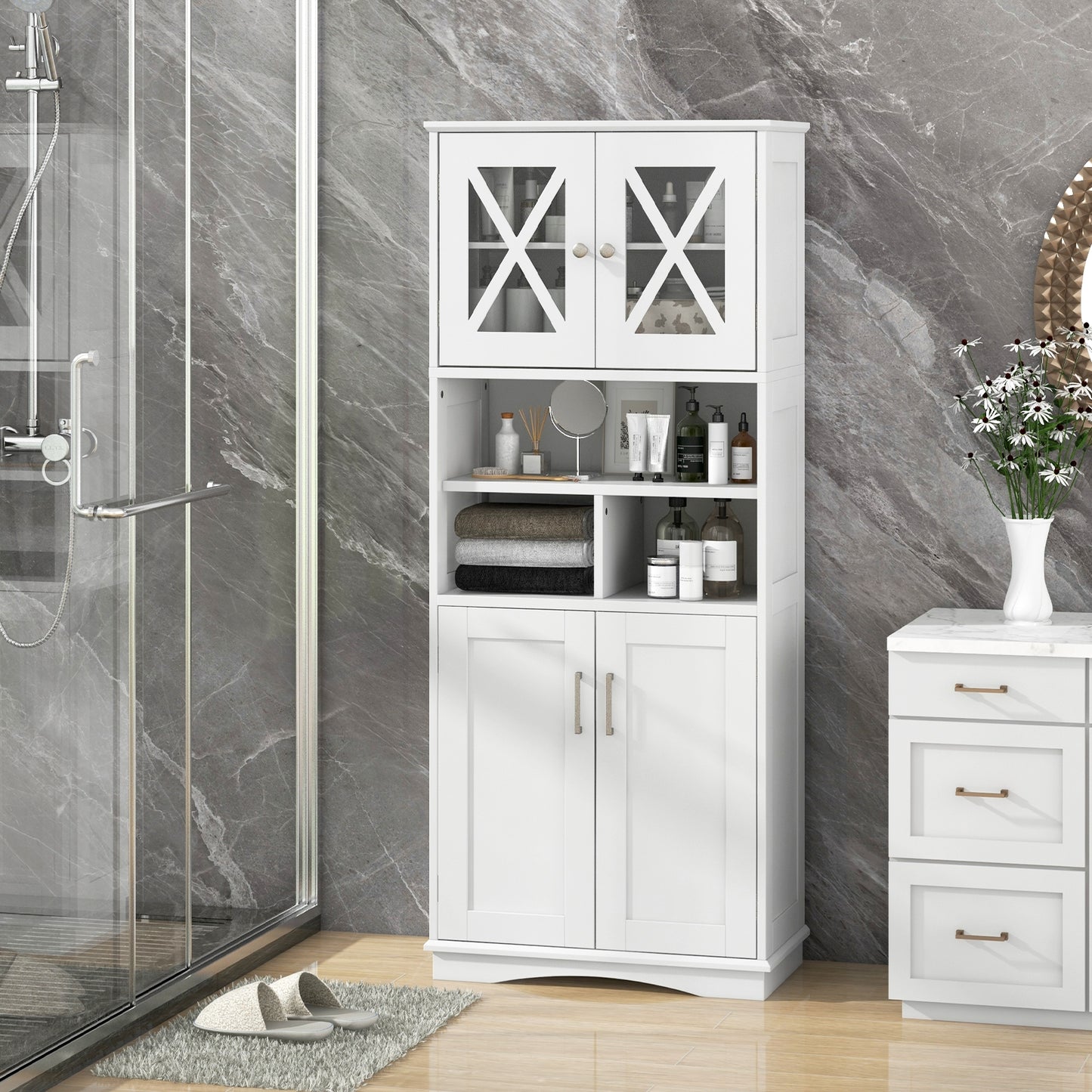 57 Inch Tall Storage Cabinet with Acrylic Doors, Adjustable Shelves, and Cabinets