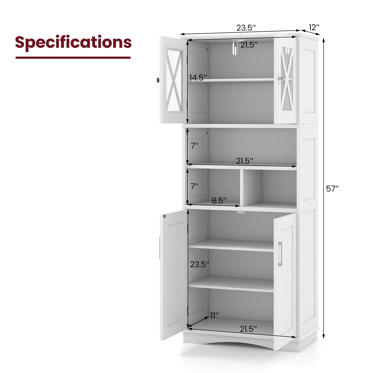 57 Inch Tall Storage Cabinet with Acrylic Doors, Adjustable Shelves, and Cabinets