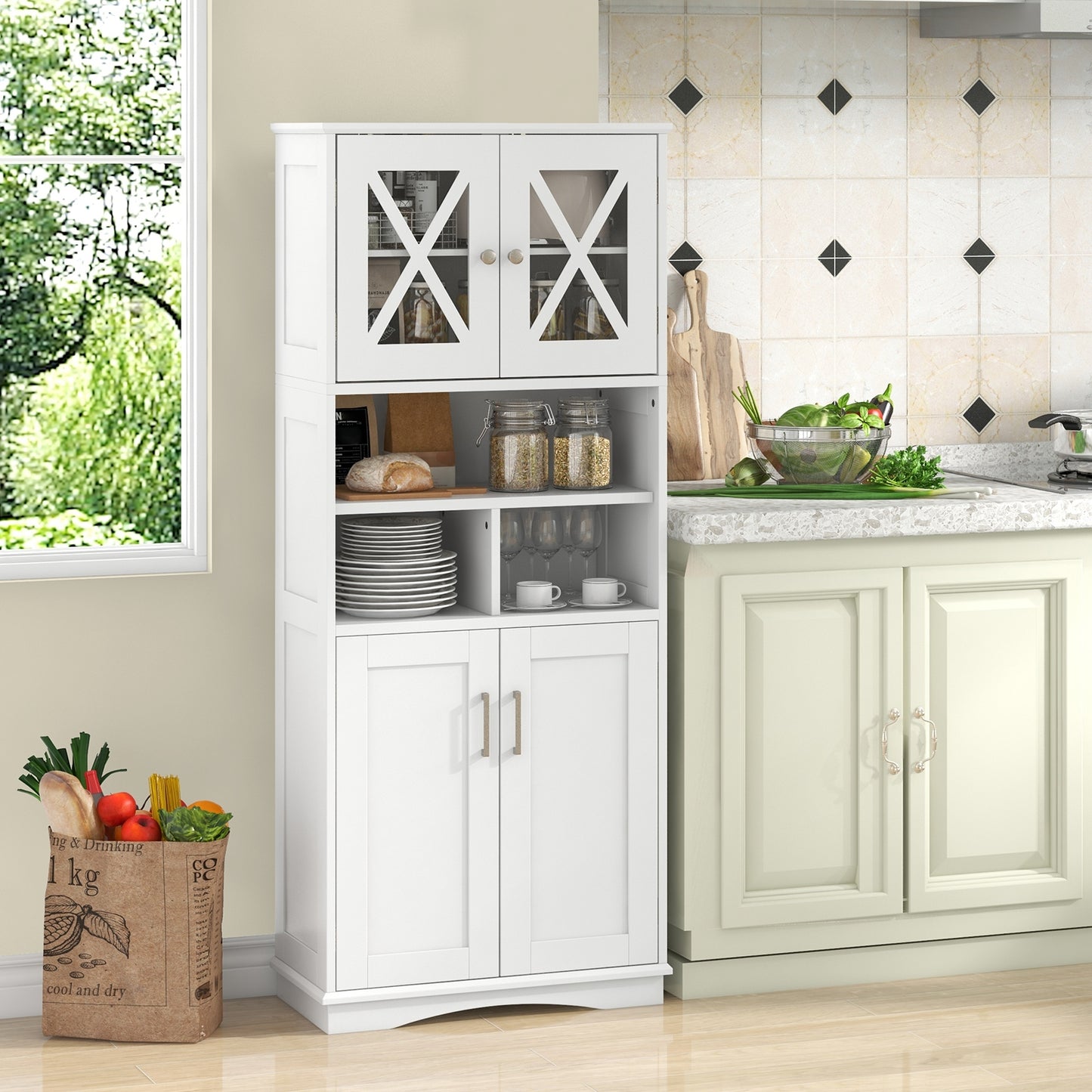 57 Inch Tall Storage Cabinet with Acrylic Doors, Adjustable Shelves, and Cabinets