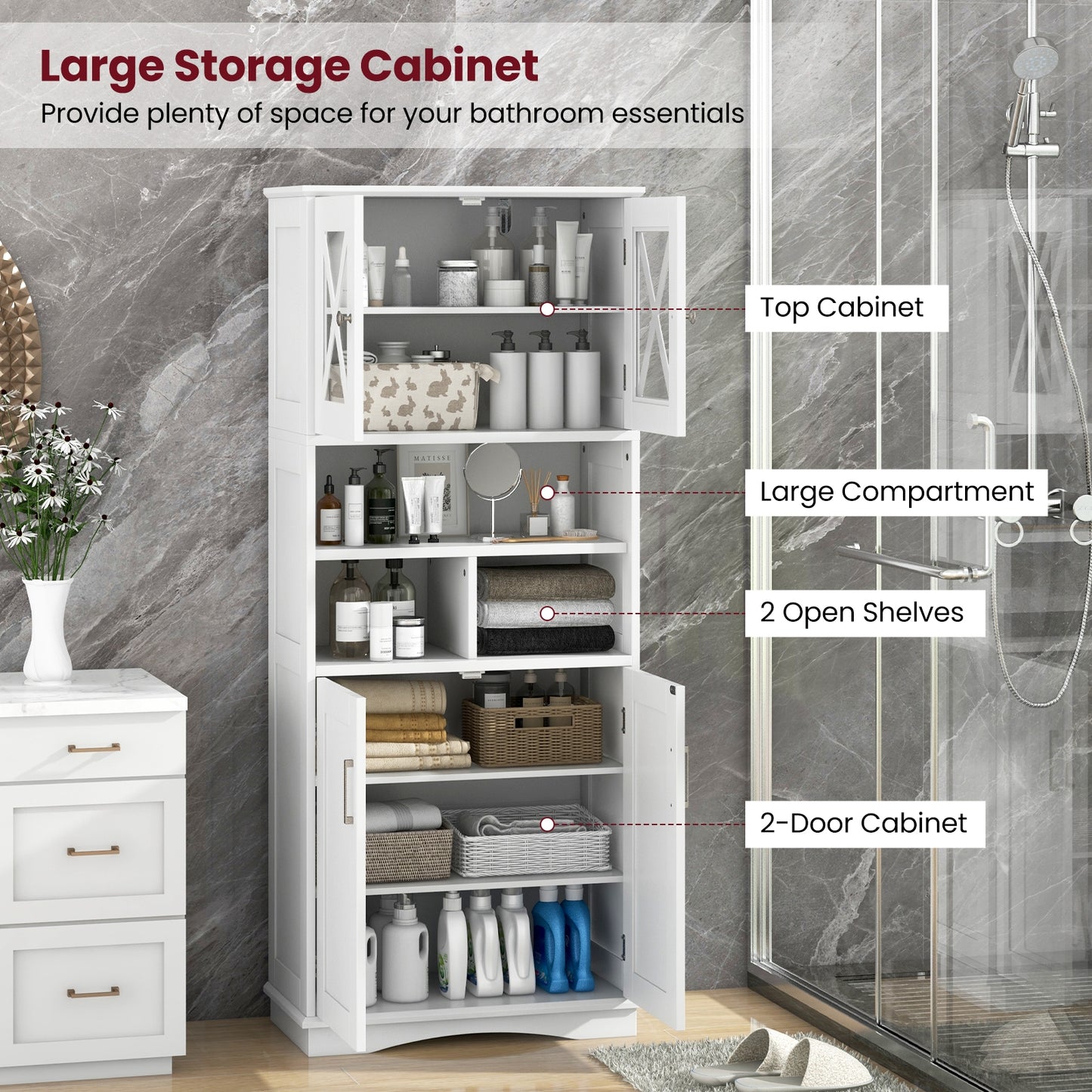 57 Inch Tall Storage Cabinet with Acrylic Doors, Adjustable Shelves, and Cabinets