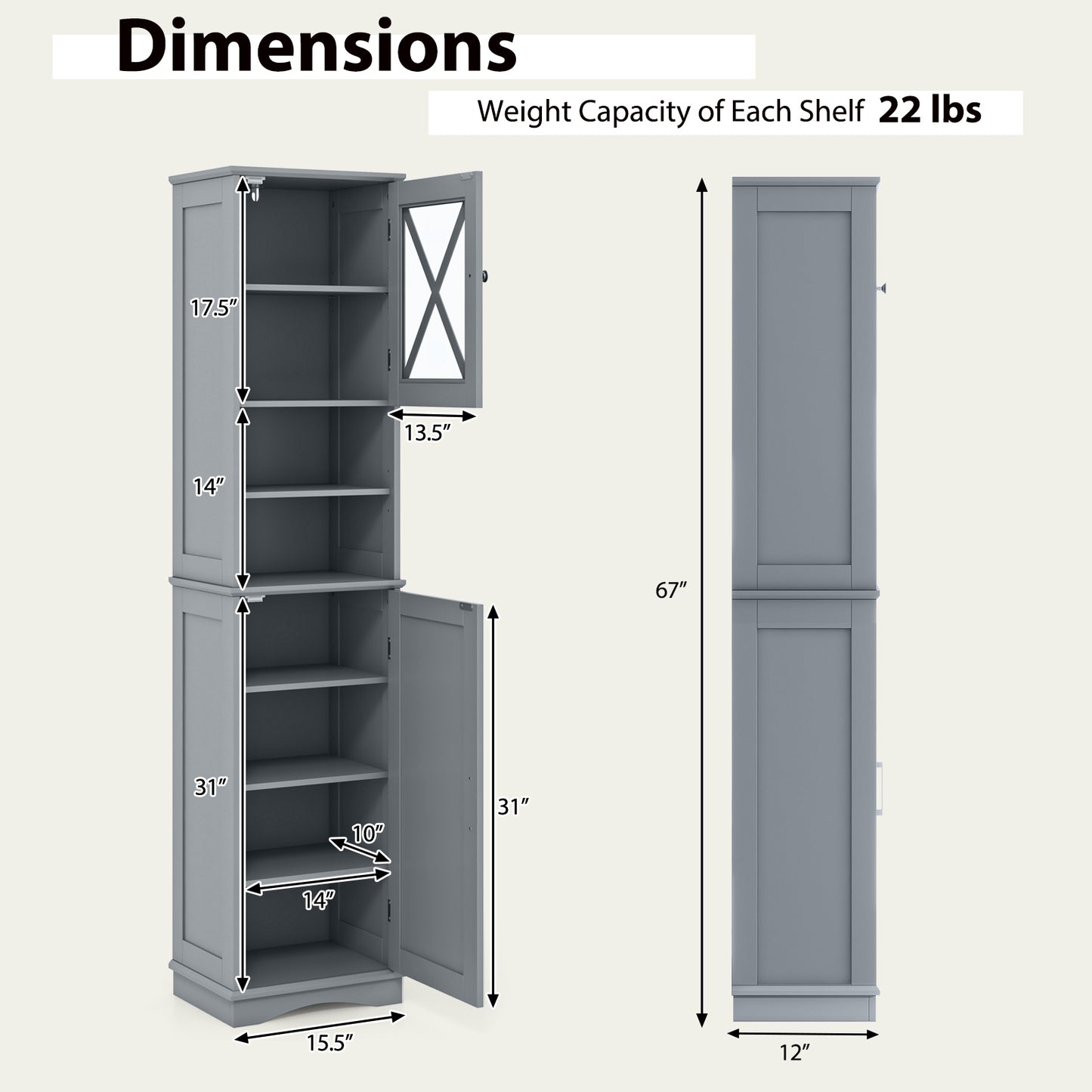 67" Tall Storage Cabinet with Adjustable Shelves and Acrylic Doors