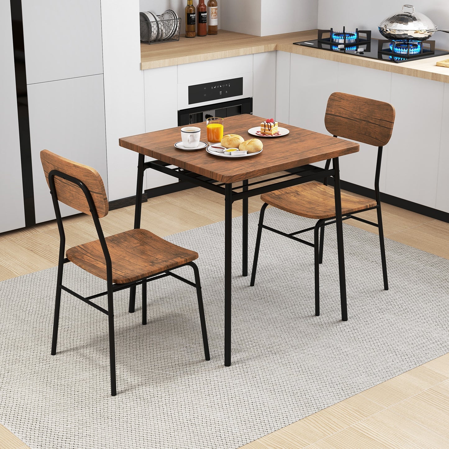 Modern 3 Piece Dining Table Set with Wood Square Table and 2 Metal Frame Chairs