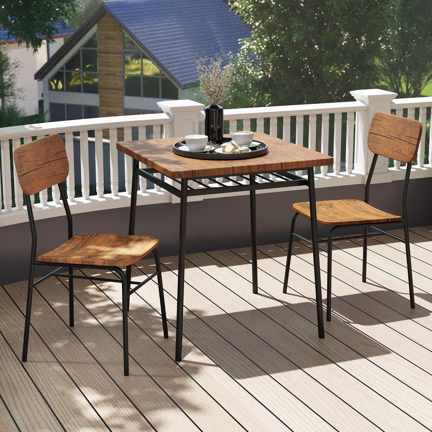Modern 3 Piece Dining Table Set with Wood Square Table and 2 Metal Frame Chairs