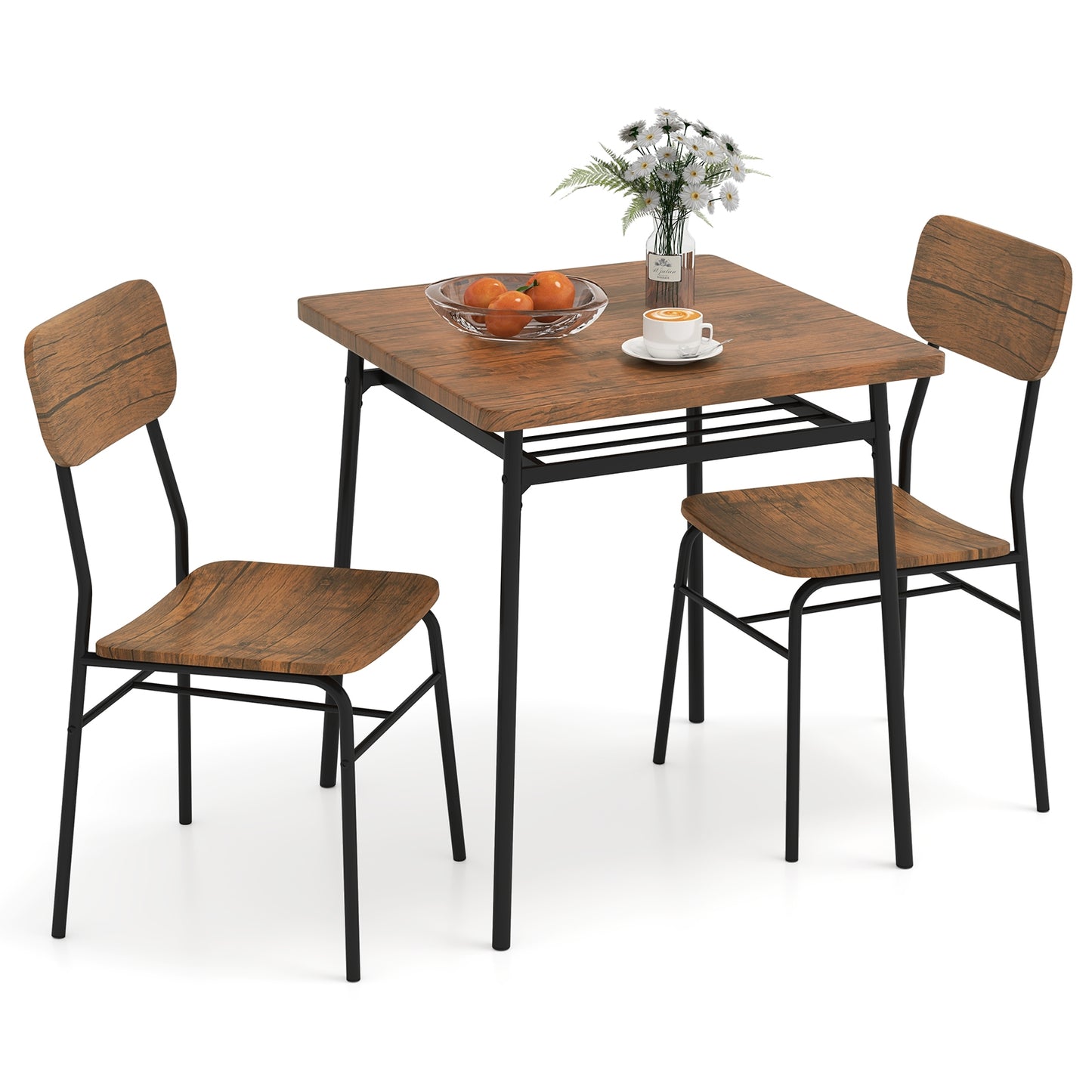 Modern 3 Piece Dining Table Set with Wood Square Table and 2 Metal Frame Chairs
