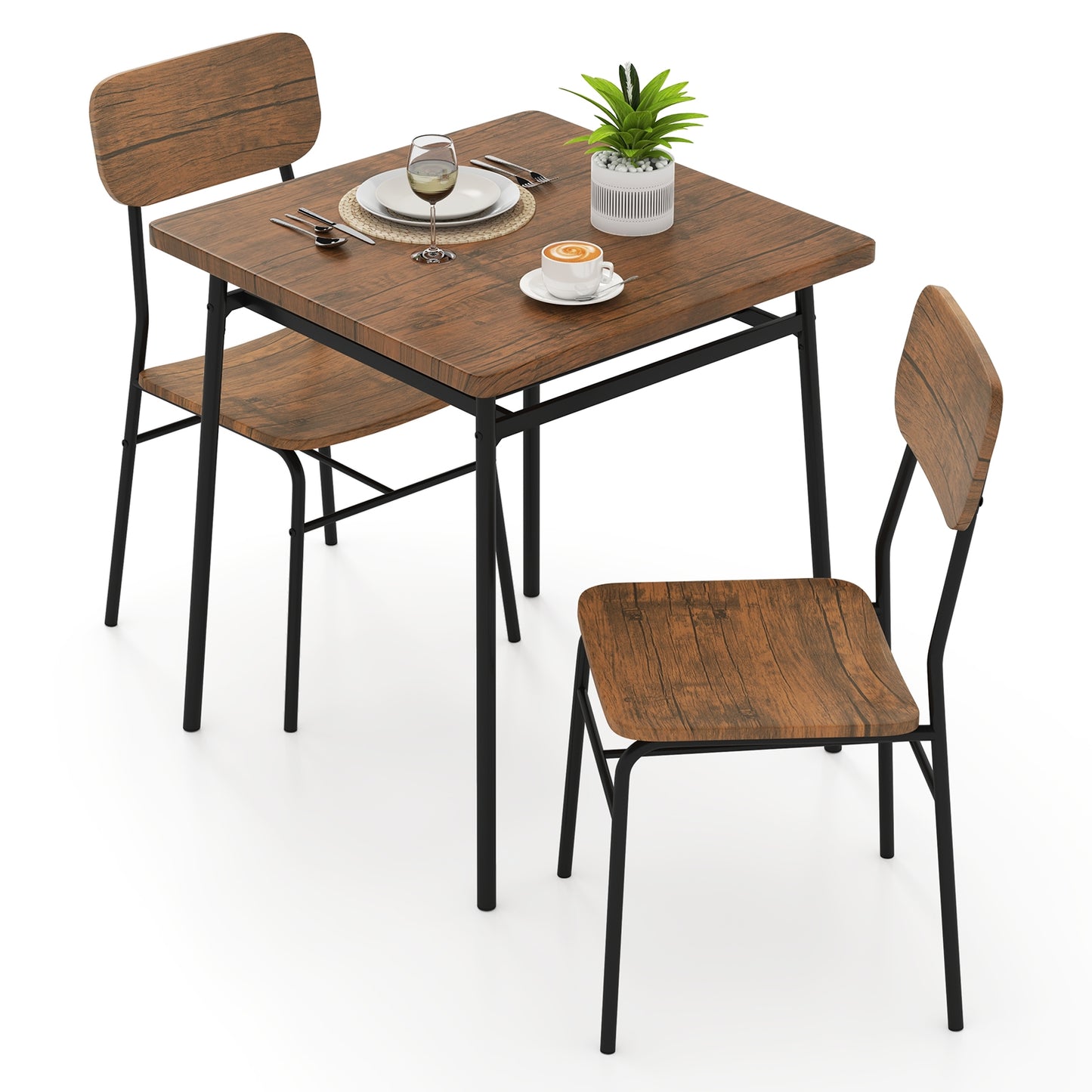 Modern 3 Piece Dining Table Set with Wood Square Table and 2 Metal Frame Chairs