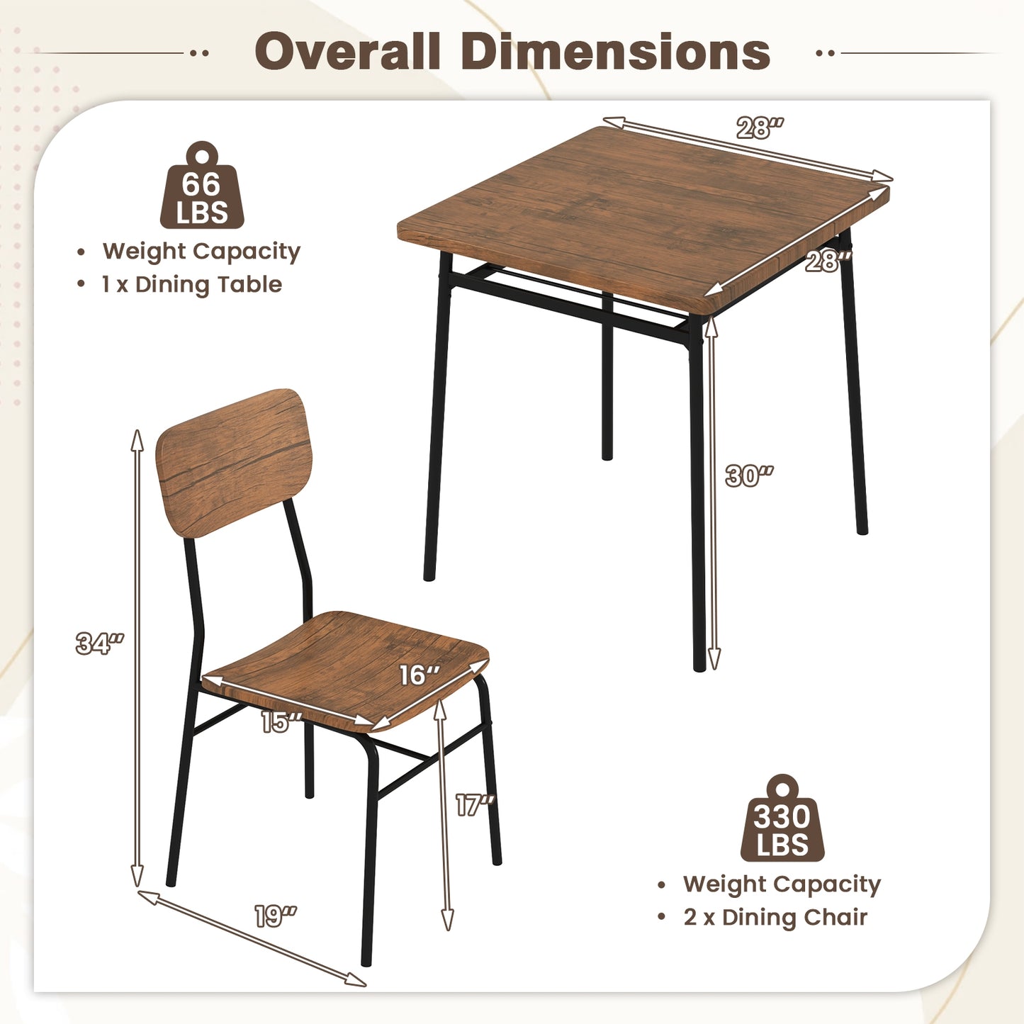 Modern 3 Piece Dining Table Set with Wood Square Table and 2 Metal Frame Chairs