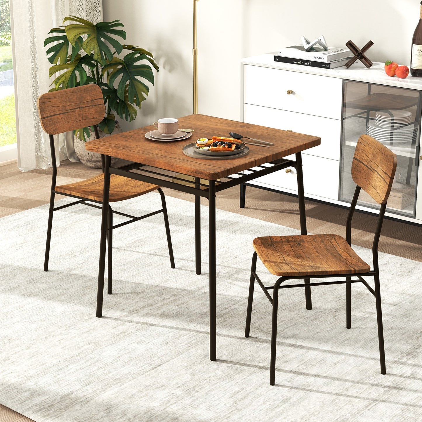 Modern 3 Piece Dining Table Set with Wood Square Table and 2 Metal Frame Chairs