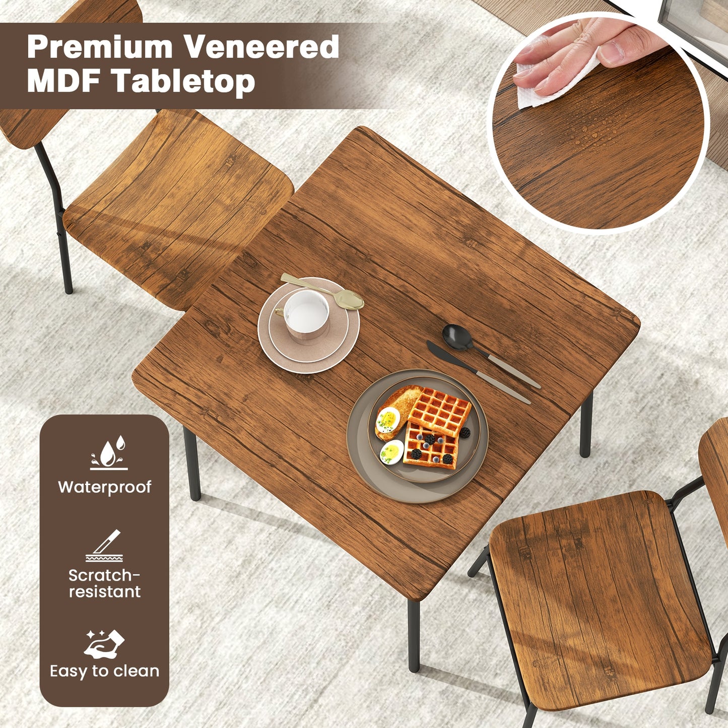 Modern 3 Piece Dining Table Set with Wood Square Table and 2 Metal Frame Chairs