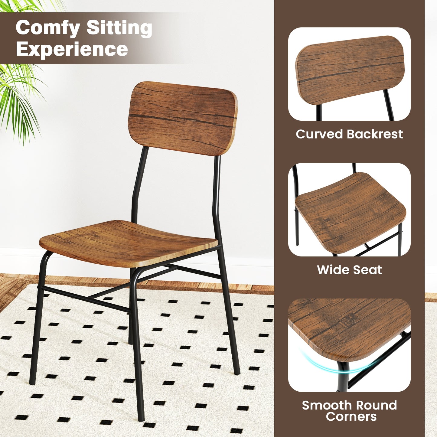 Modern 3 Piece Dining Table Set with Wood Square Table and 2 Metal Frame Chairs