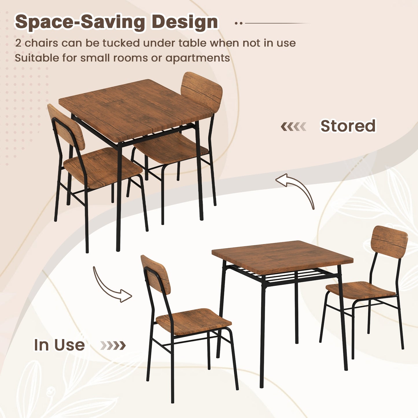 Modern 3 Piece Dining Table Set with Wood Square Table and 2 Metal Frame Chairs