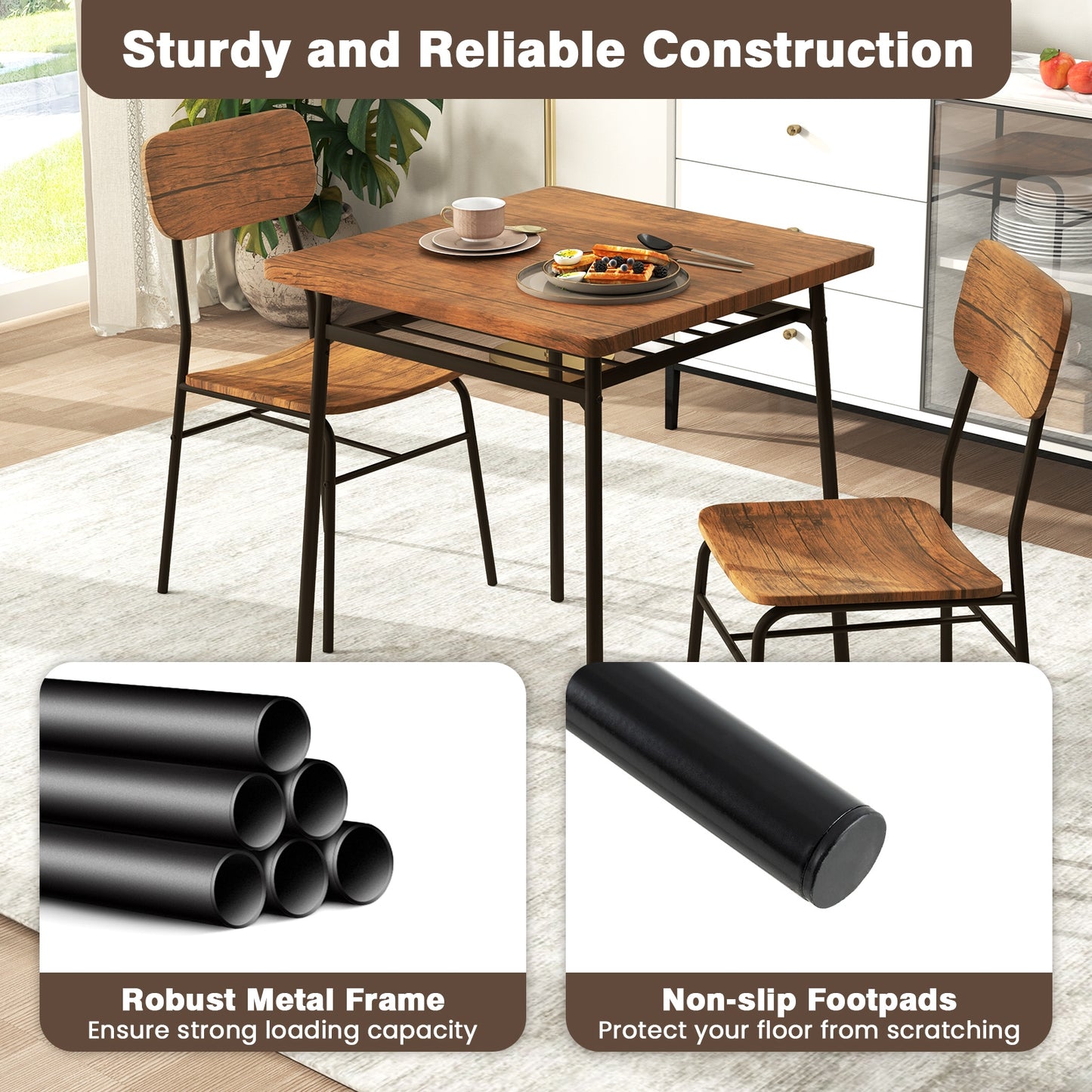 Modern 3 Piece Dining Table Set with Wood Square Table and 2 Metal Frame Chairs
