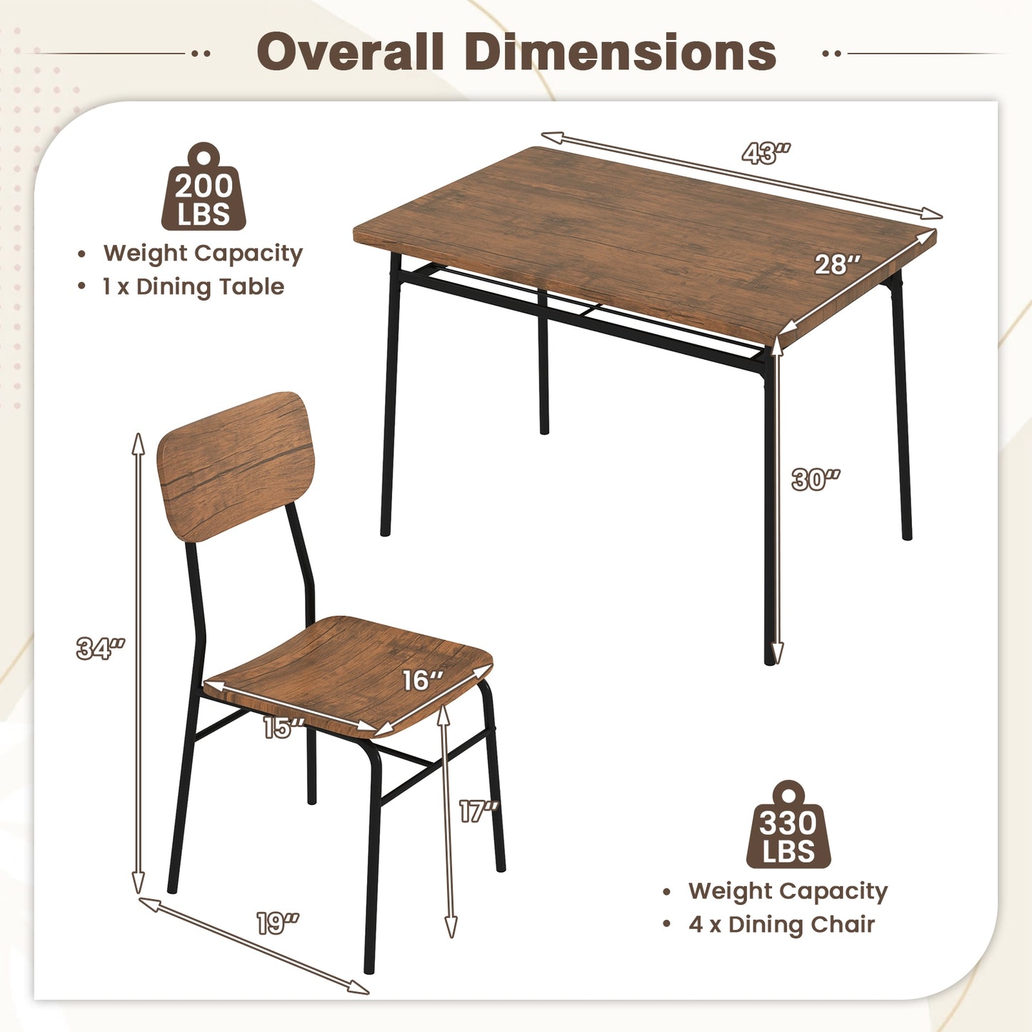 5 Piece Dining Set with Storage Rack and Metal Frame for Kitchen or Small Spaces