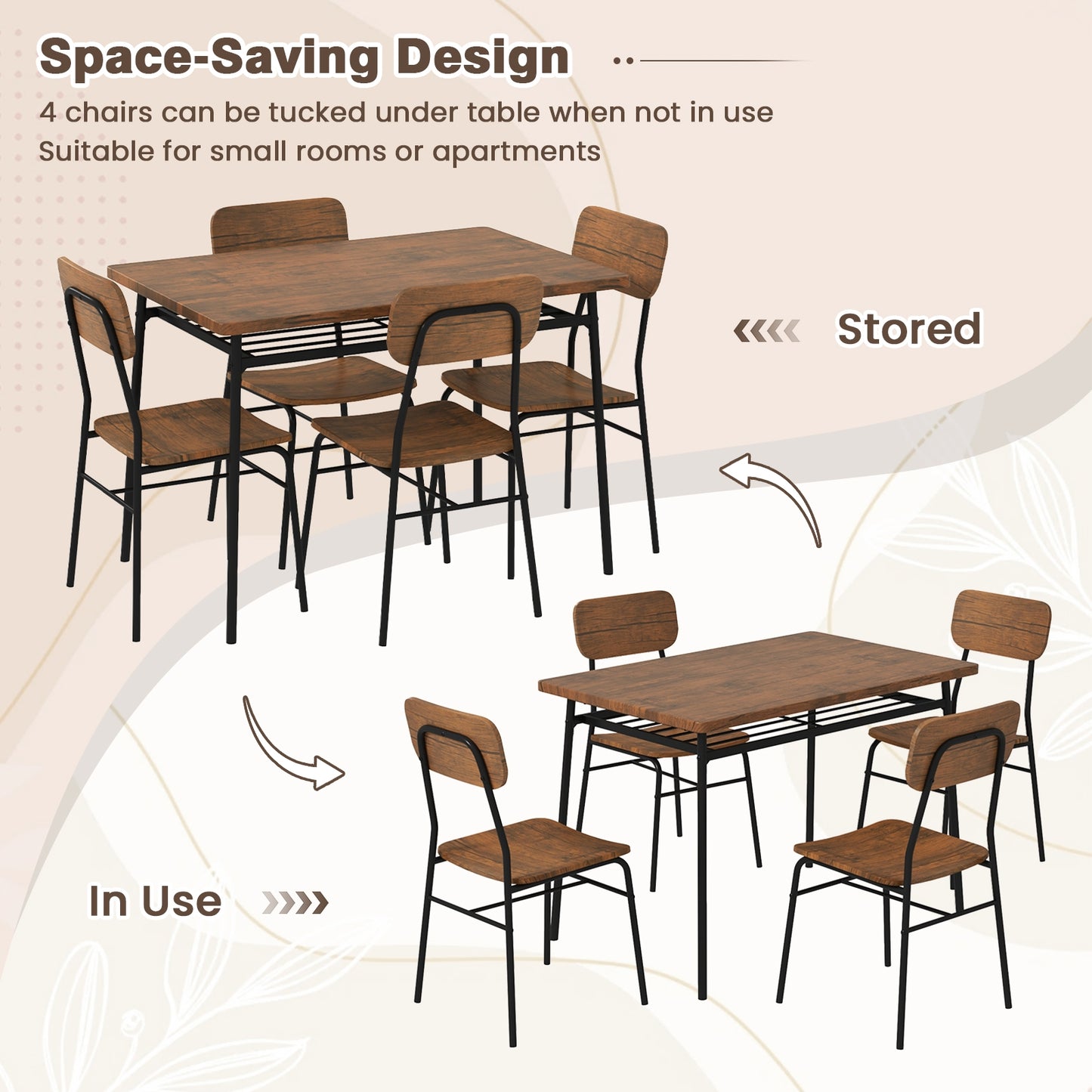5 Piece Dining Set with Storage Rack and Metal Frame for Kitchen or Small Spaces