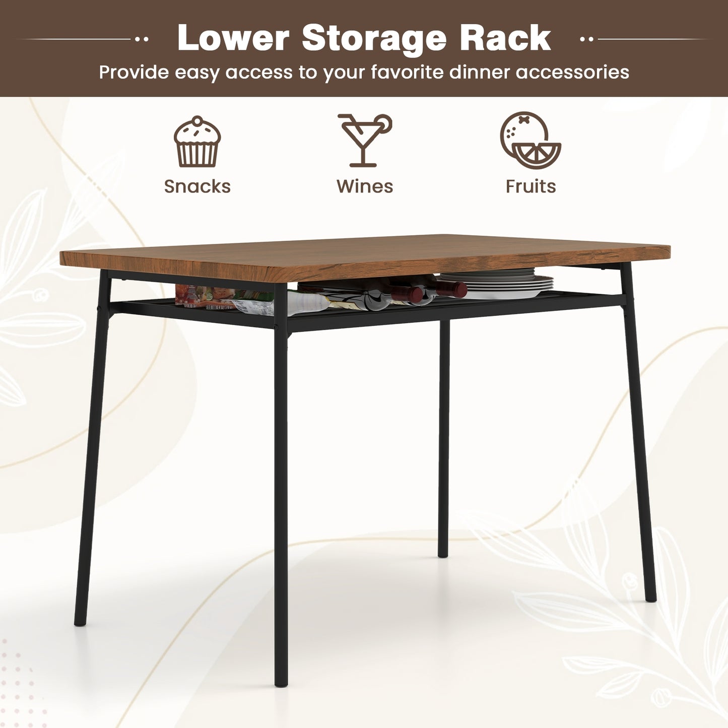 5 Piece Dining Set with Storage Rack and Metal Frame for Kitchen or Small Spaces