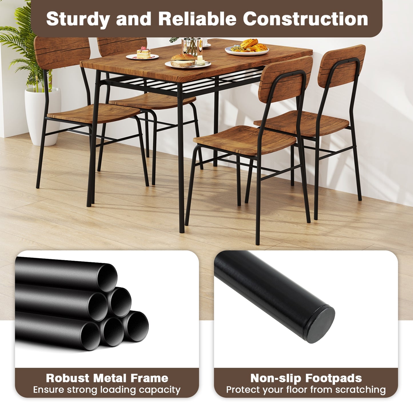 5 Piece Dining Set with Storage Rack and Metal Frame for Kitchen or Small Spaces