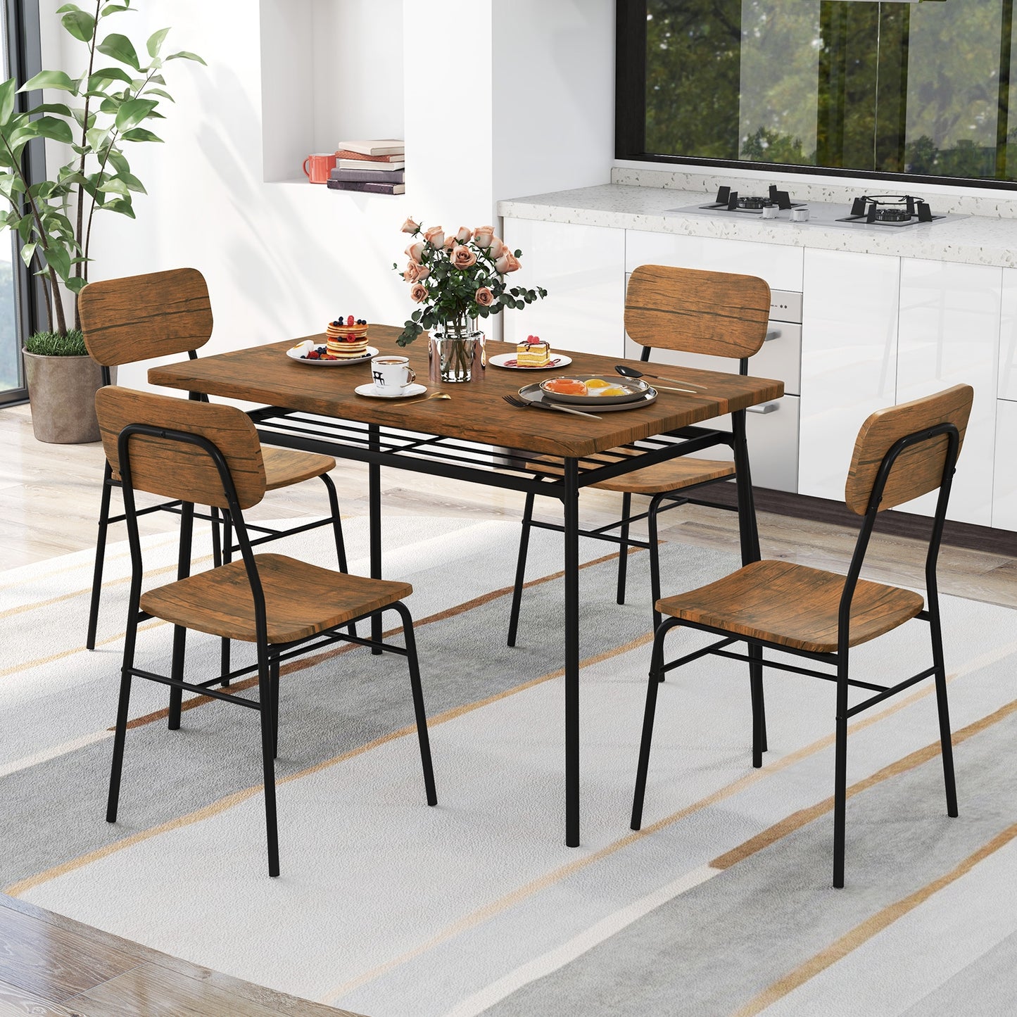 5 Piece Dining Set with Storage Rack and Metal Frame for Kitchen or Small Spaces
