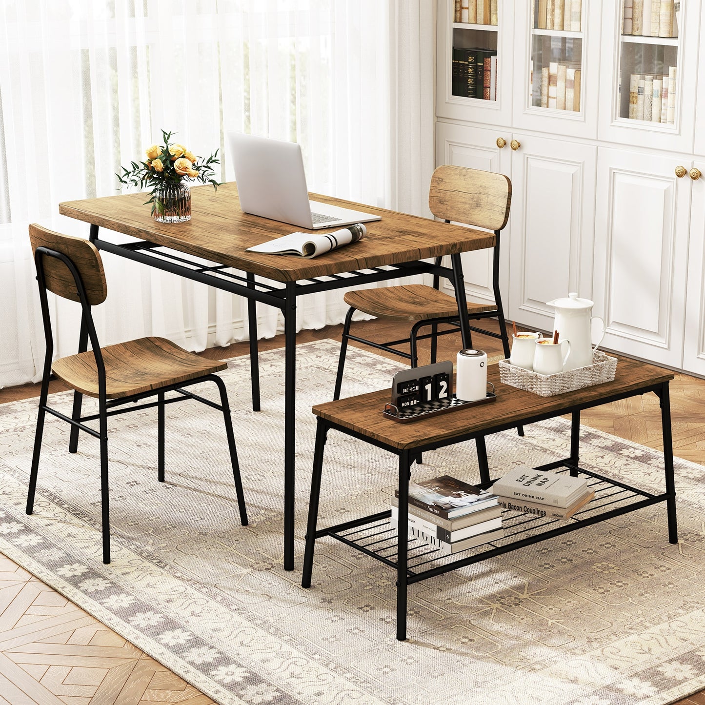 4 Piece Dining Set with Bench and 2 Chairs Metal Frame Modern Kitchen Table Furniture