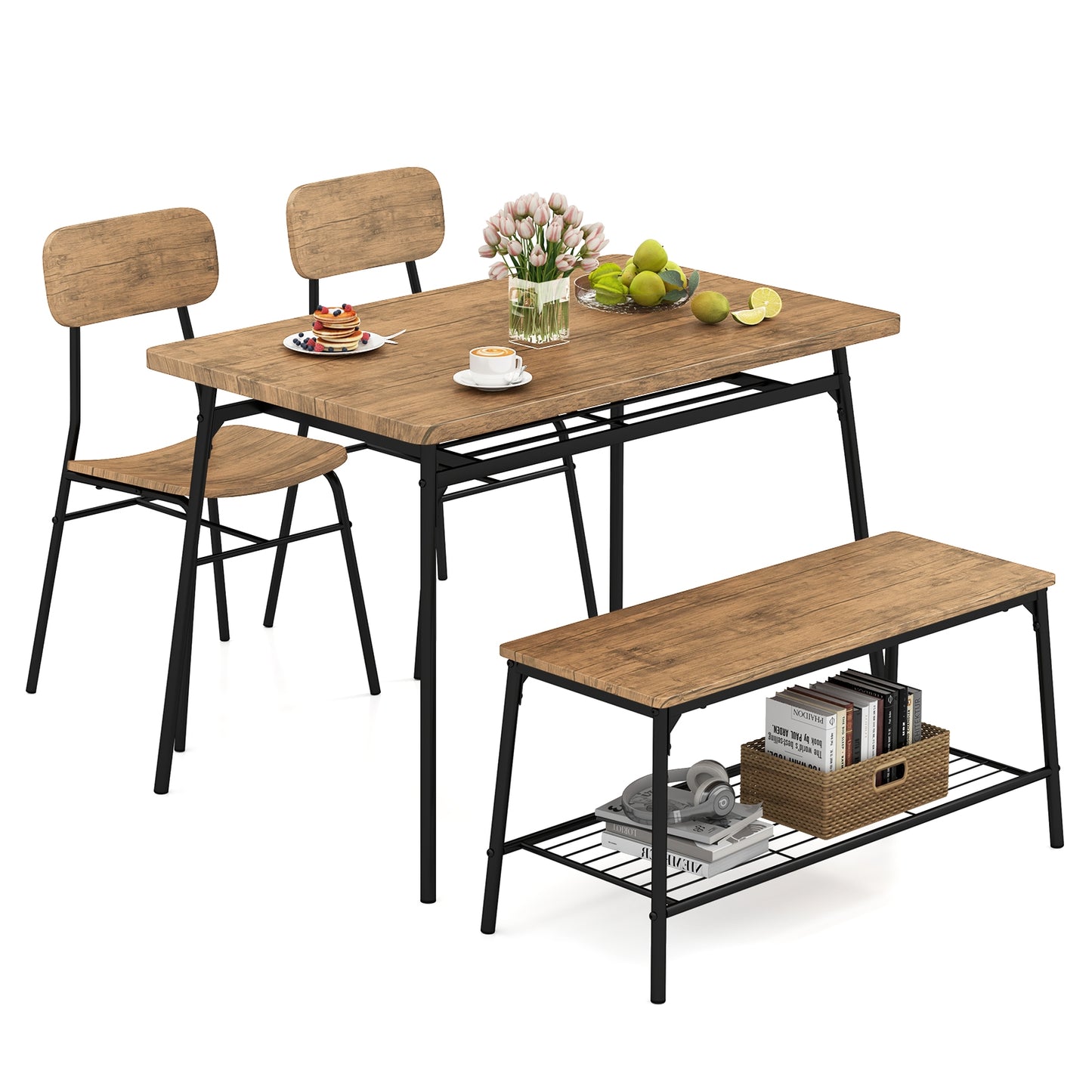 4 Piece Dining Set with Bench and 2 Chairs Metal Frame Modern Kitchen Table Furniture
