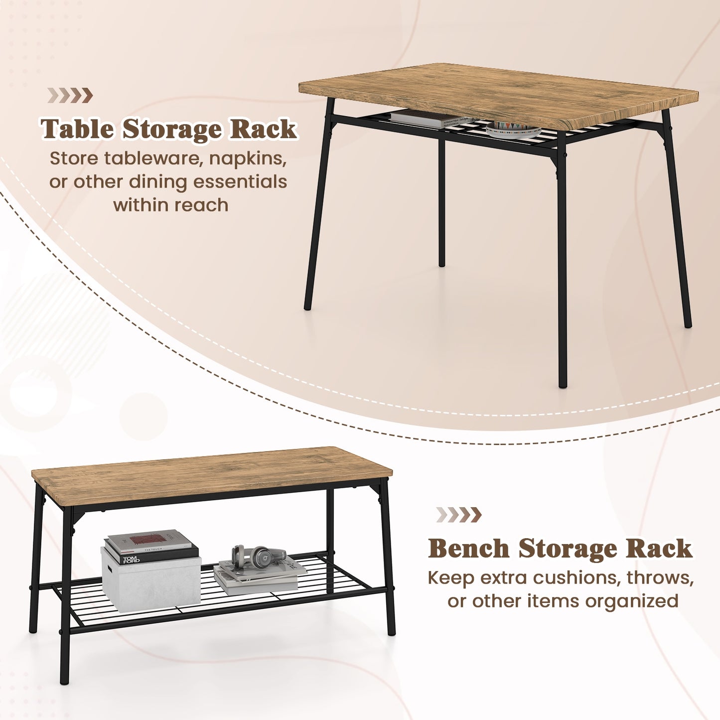 4 Piece Dining Set with Bench and 2 Chairs Metal Frame Modern Kitchen Table Furniture