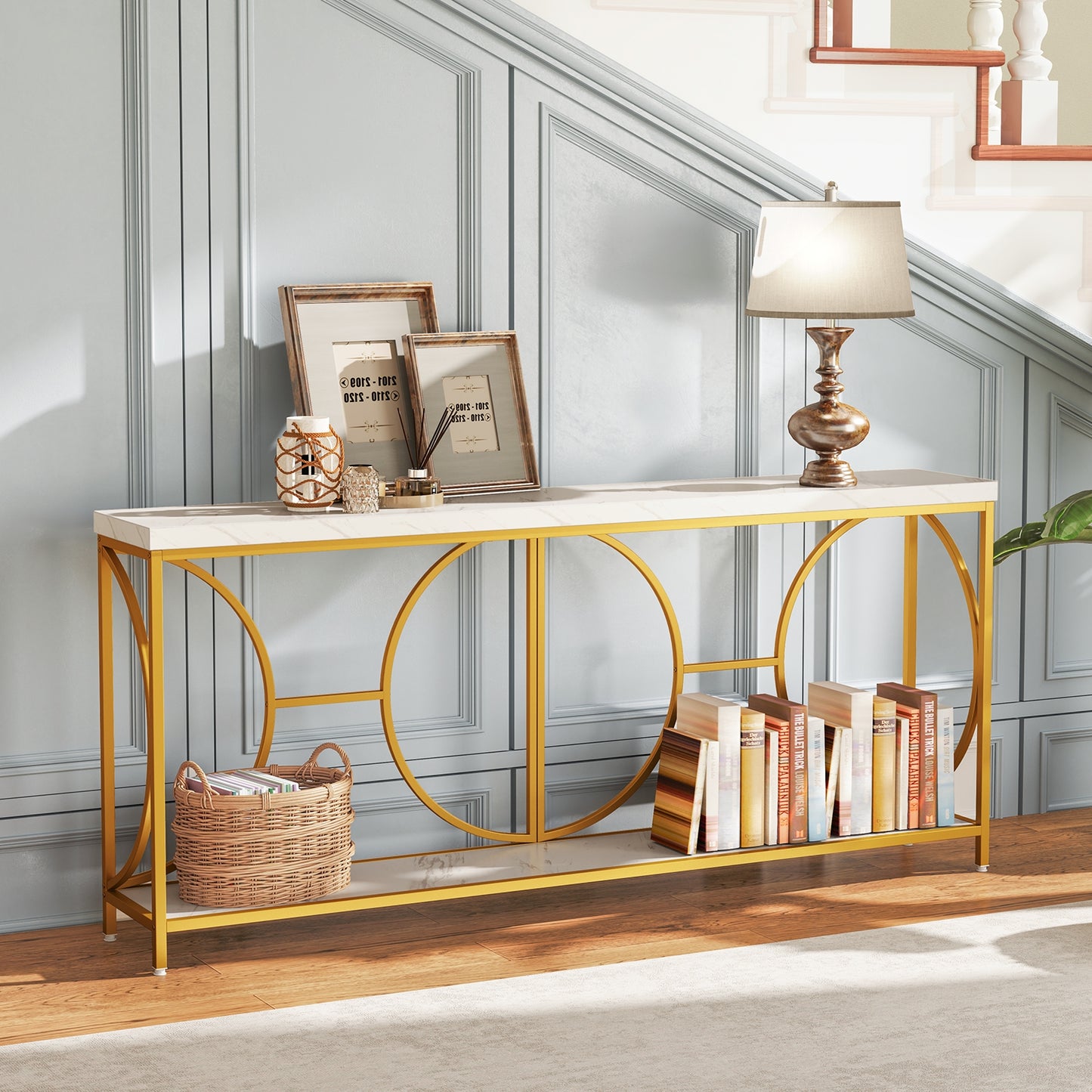 Elegant 2-Tier Console Table with Faux Marble Top and Storage Shelf