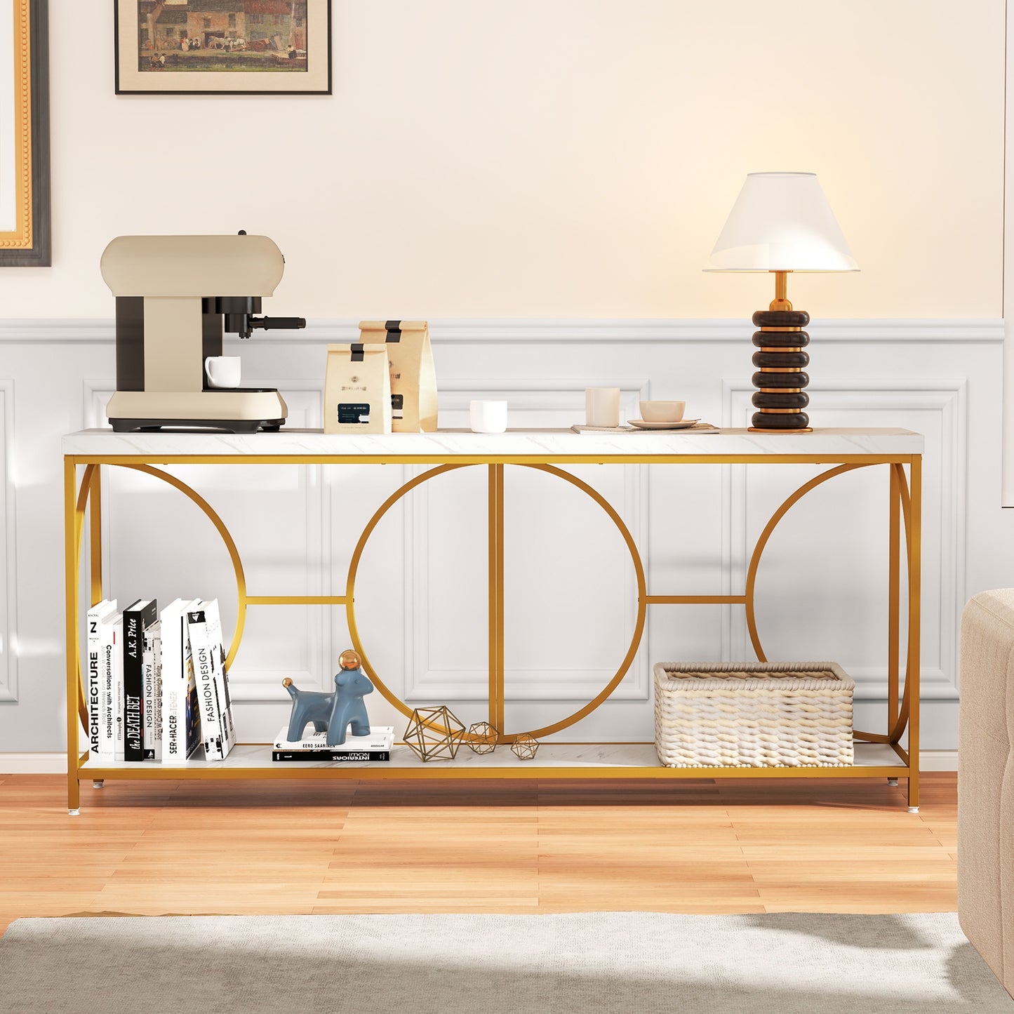 Elegant 2-Tier Console Table with Faux Marble Top and Storage Shelf