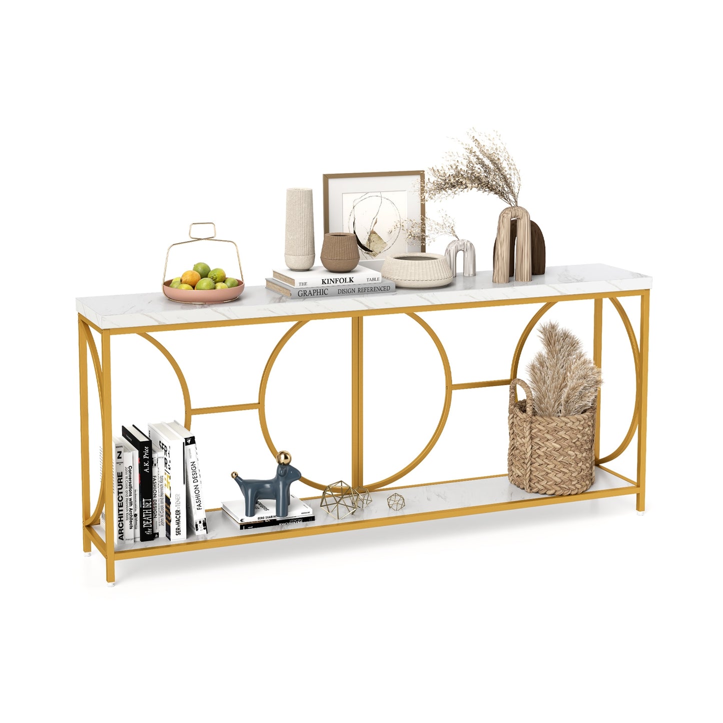 Elegant 2-Tier Console Table with Faux Marble Top and Storage Shelf
