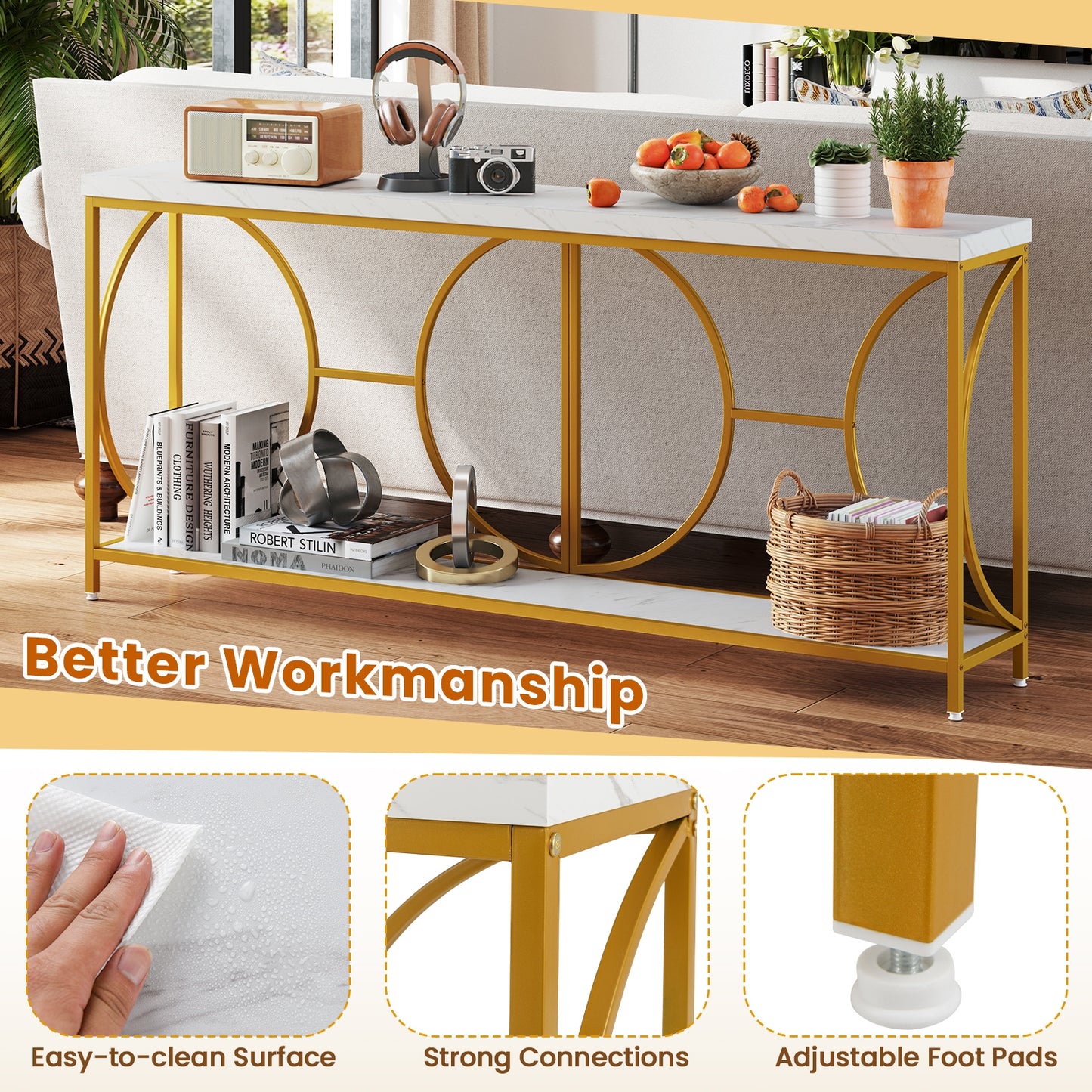 Elegant 2-Tier Console Table with Faux Marble Top and Storage Shelf