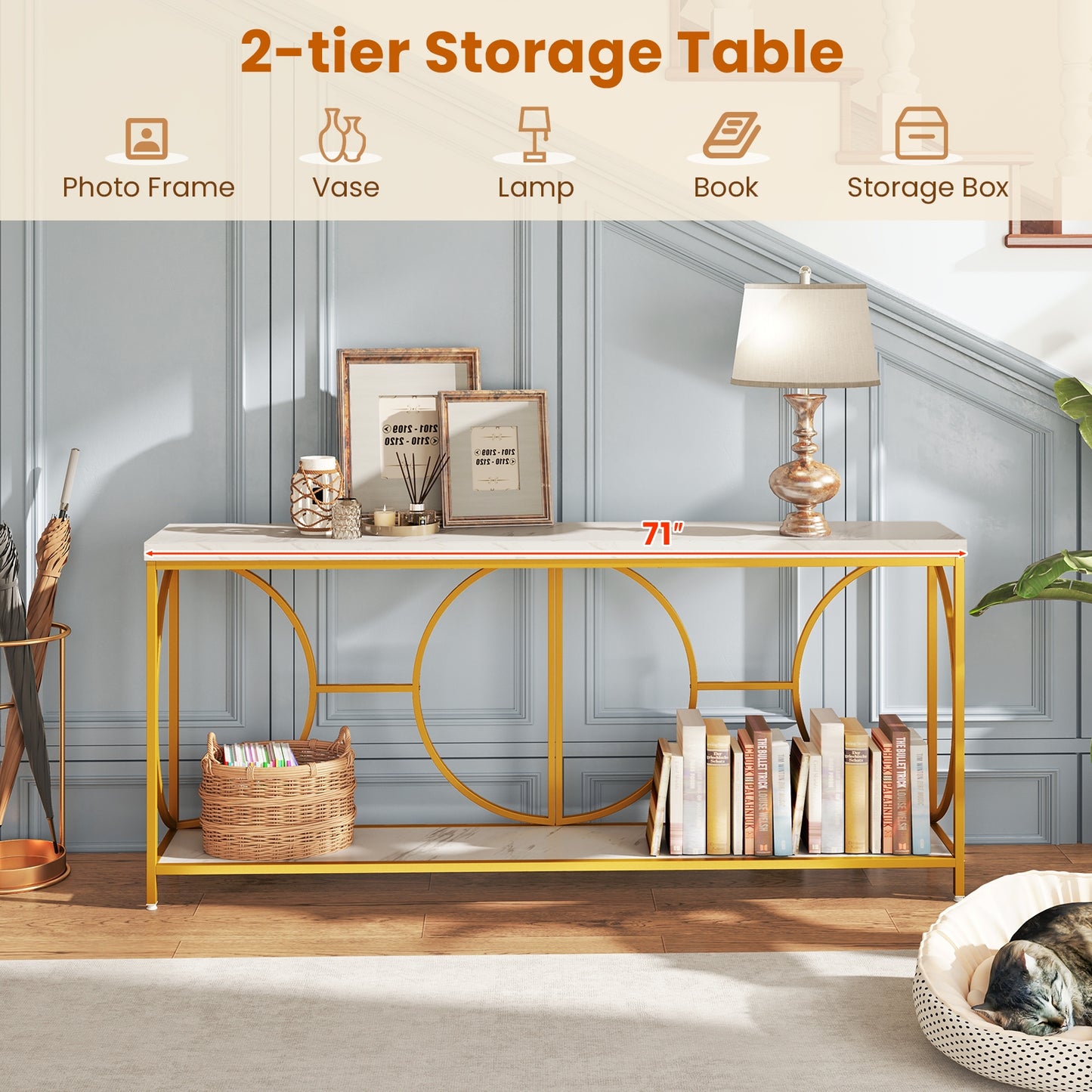 Elegant 2-Tier Console Table with Faux Marble Top and Storage Shelf